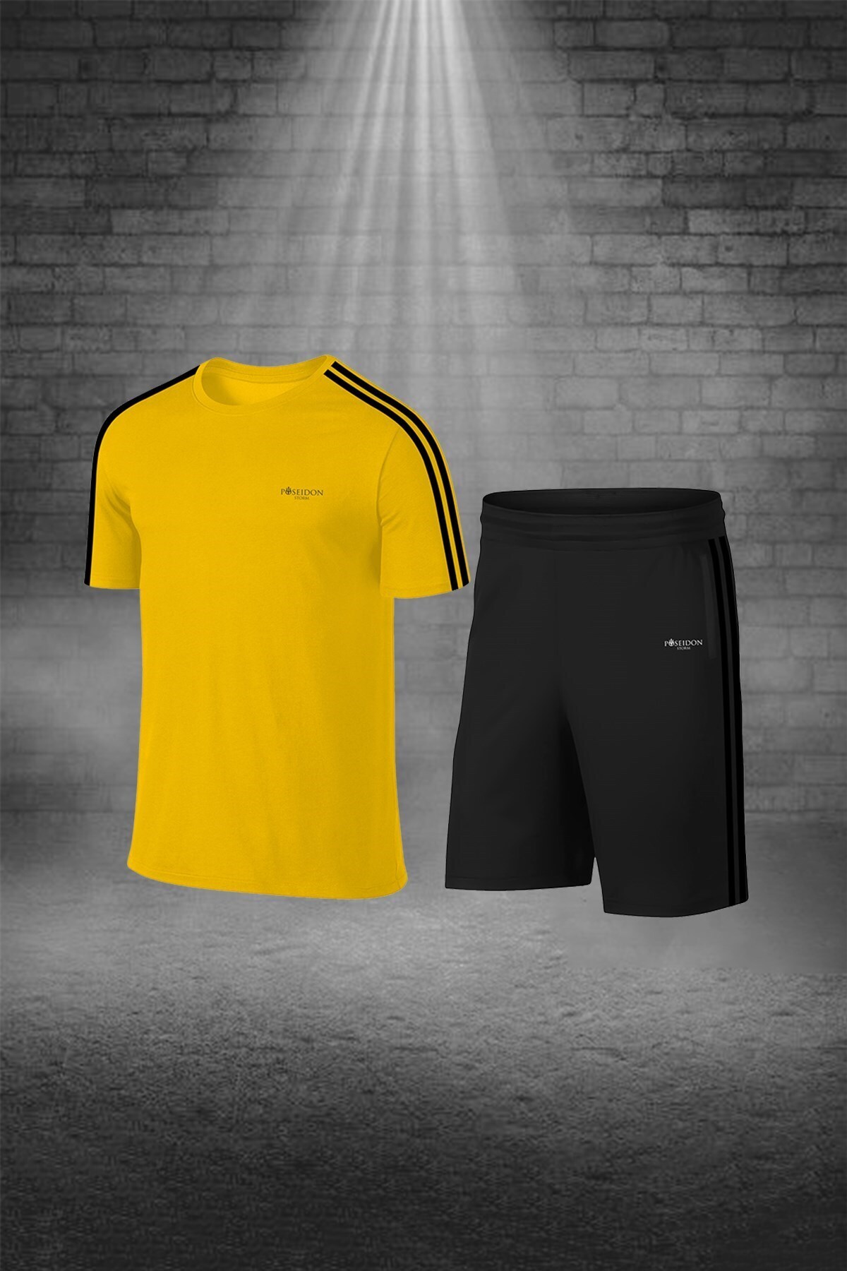 پوزایدون استورم تی‌شرت و شلوارک راحت مردانه سایز بزرگ، جیب‌دار و بدون طرح، زرد رنگ، ست دو تکه (4XL -10X)