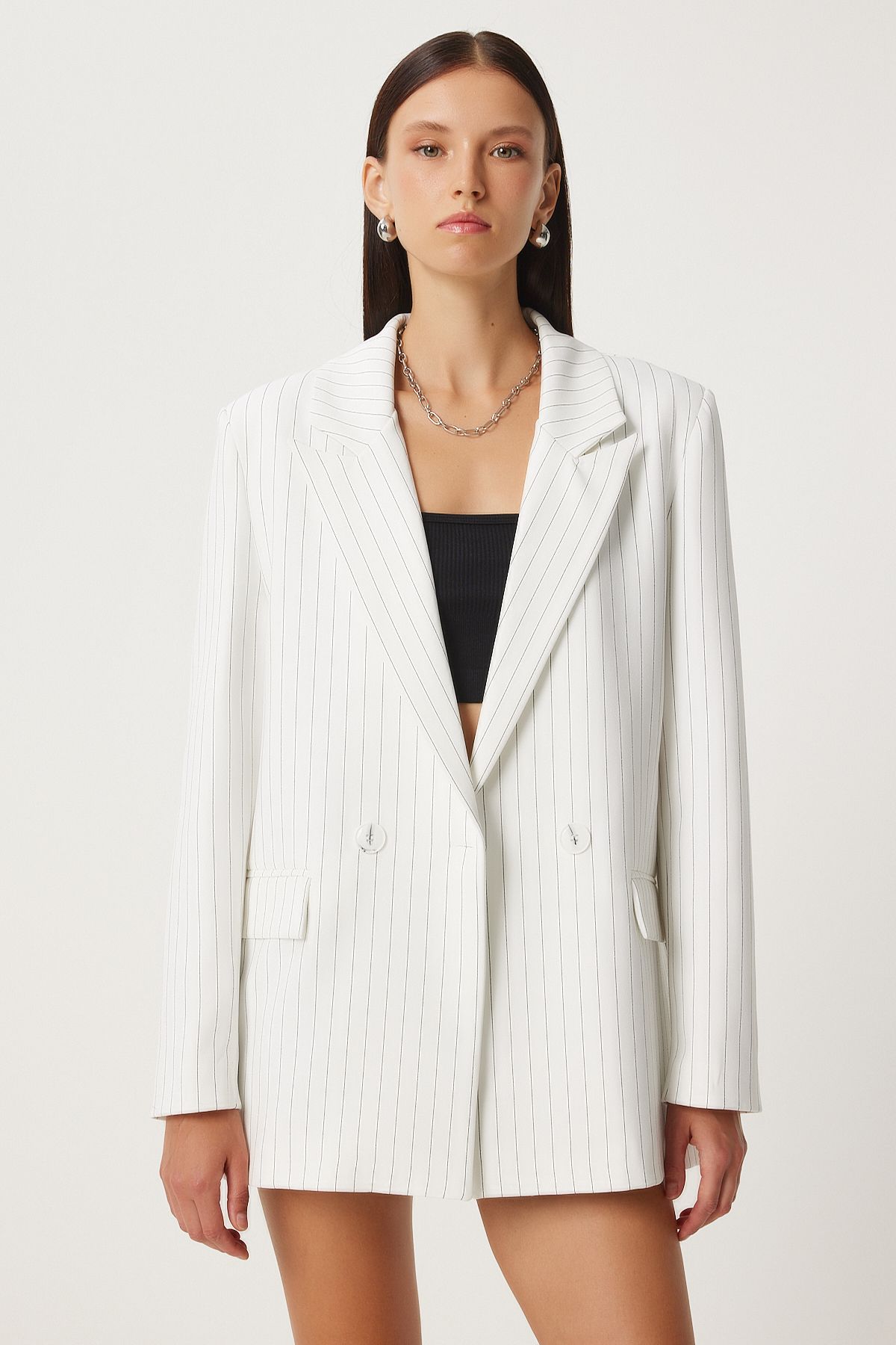 Lovelyİstanbul-Oversize Thin Striped Double Breasted Jacket - Padded, Ecru Lto0029 3