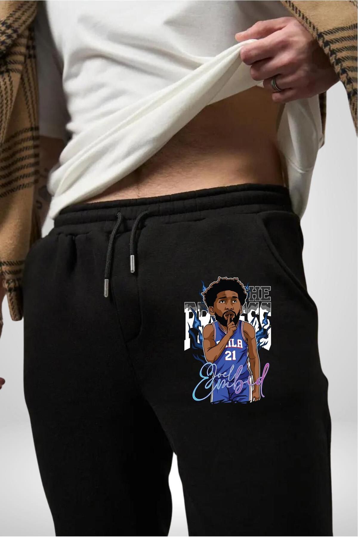 Angemiel-Pantaloni de trening pentru baschet Joel Embiid pentru bărbați - Philadelphia 3 fire imprimate negru 7