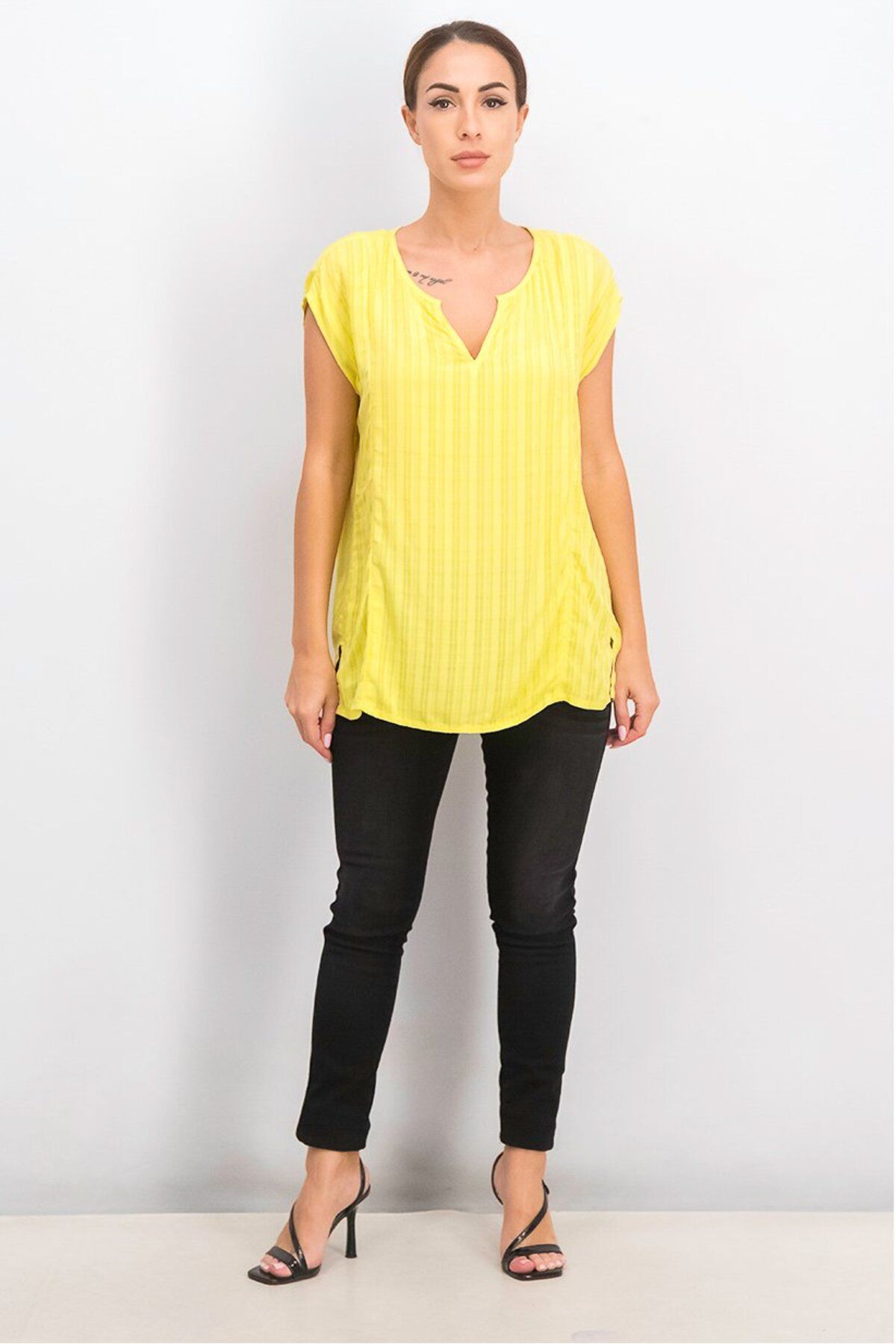 Esprit-Women Split Neck Sleeveless Stripe Top, Yellow 3