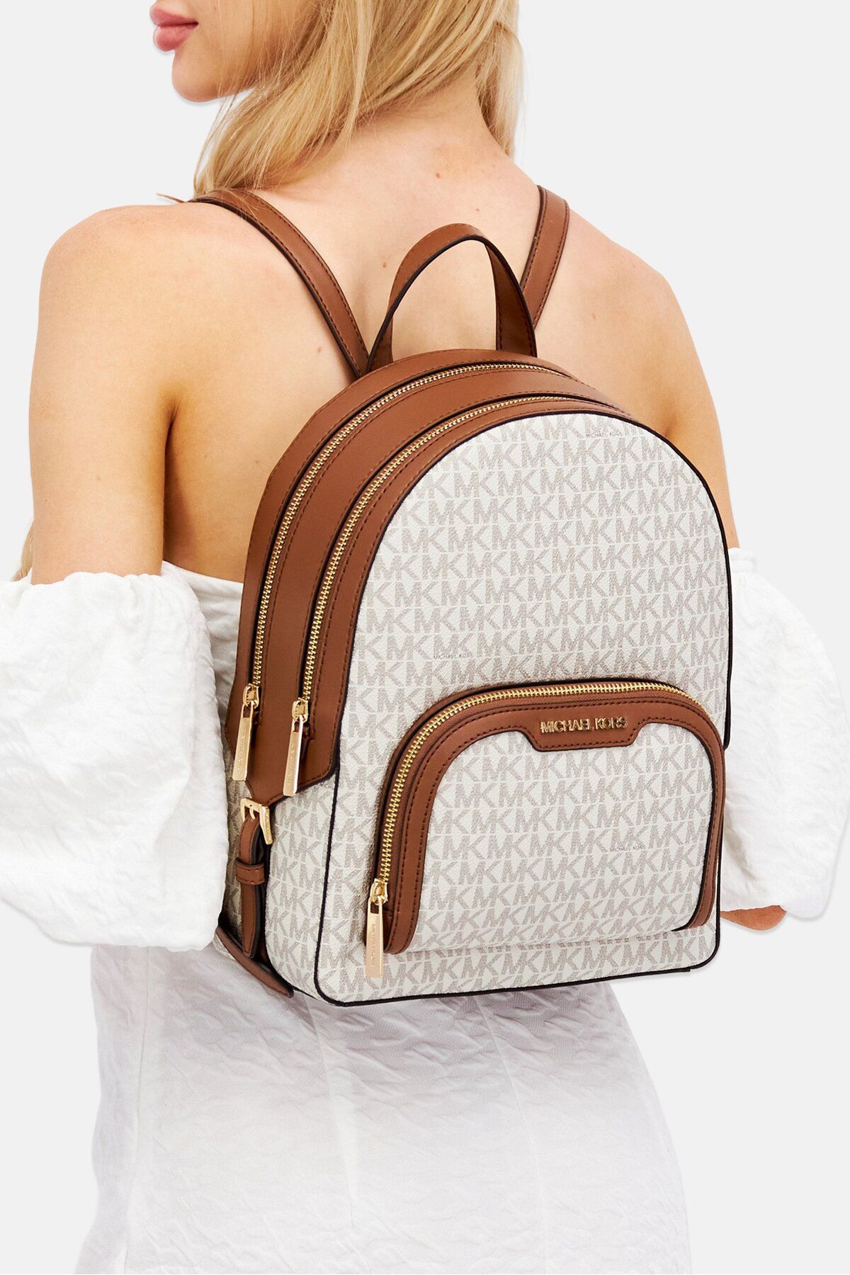 Michael Kors-Women Brand Logo Backpack 23 L x 32  H x 9 W cm, Brown/Cream 2