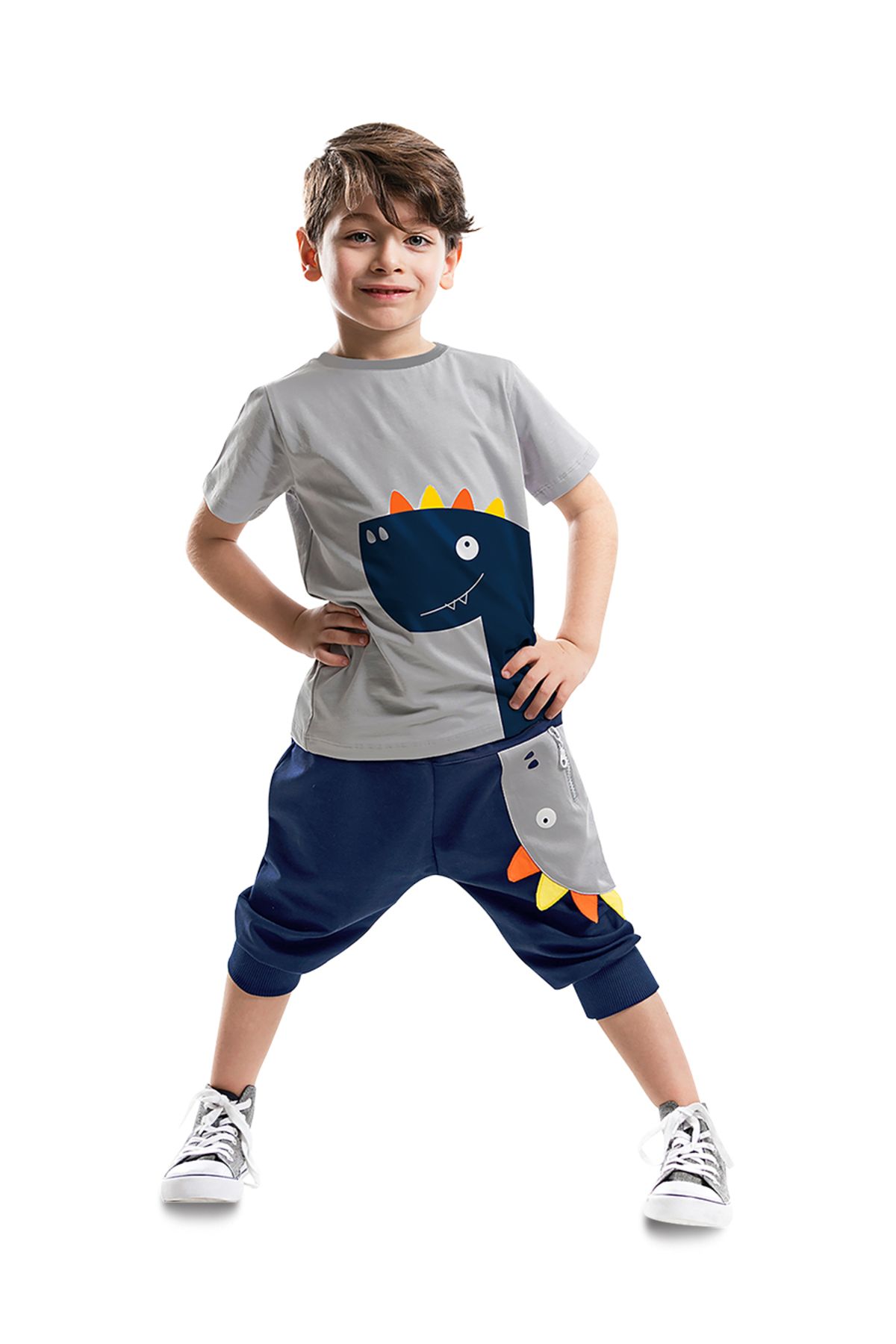 Denokids Fermuar Dino Erkek Çocuk Yazlık T-shirt Kapri Şort Takım