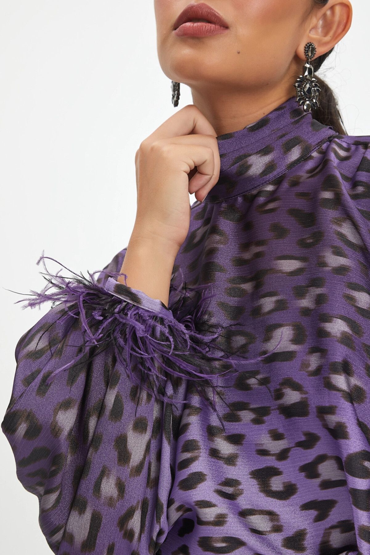 SERPİL-Bat Sleeve Leopard Patterned Purple Blouse with Sleeve Detail 39112 3