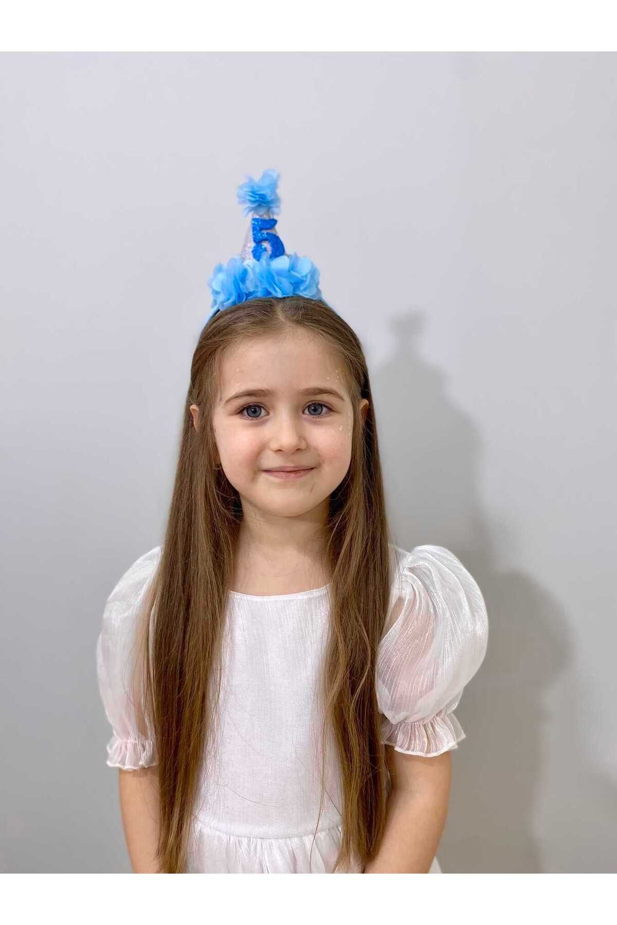 Trac-Glitter Funnel Elsa Blue Tulle Floral Fabric Covered Birthday Crown - Choose Age 1