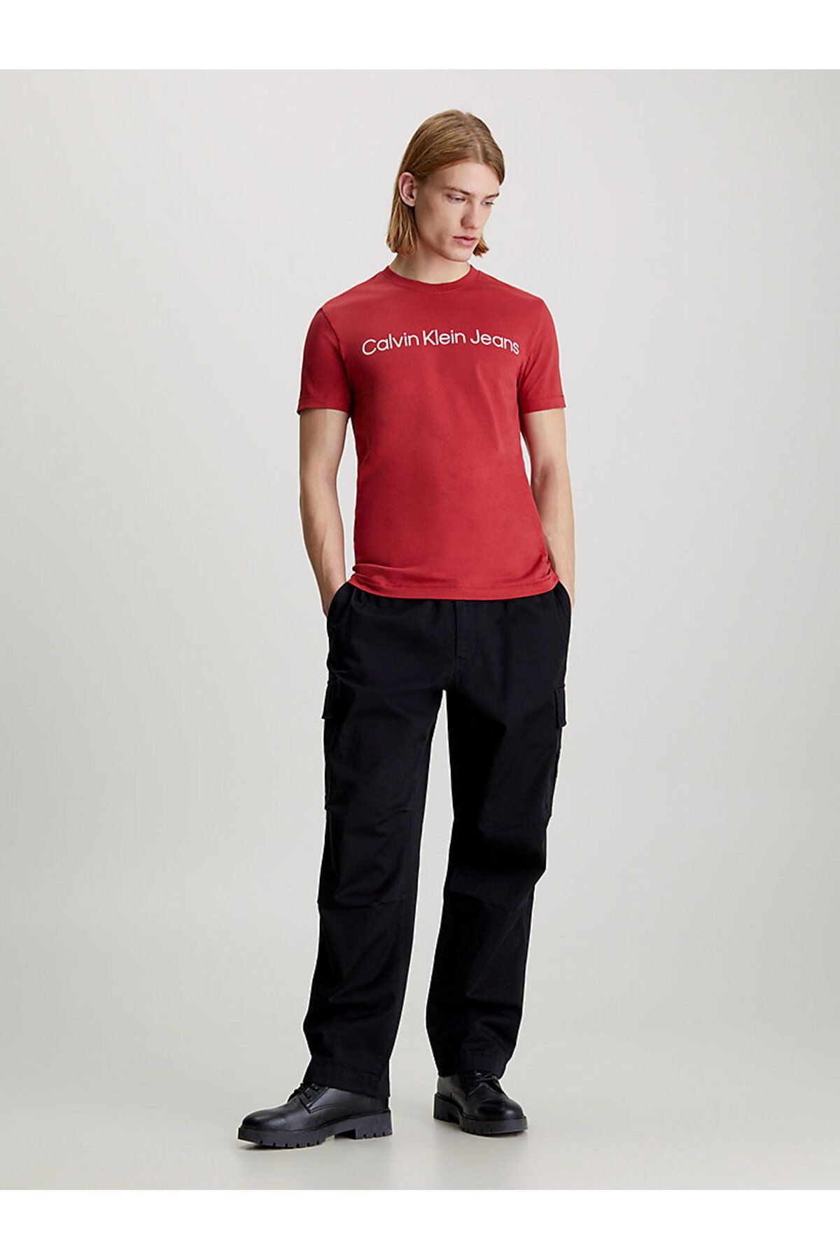تی شرت قرمز مردانه آرم نهادی اورجینال Calvin Klein