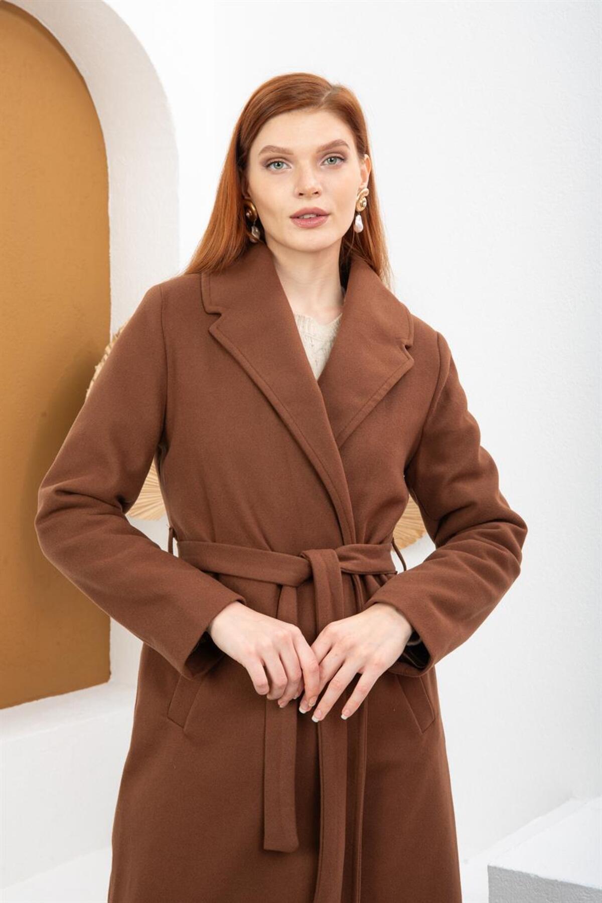 Livanomi  Kahverengi Kemerli Palto - Görsel 8