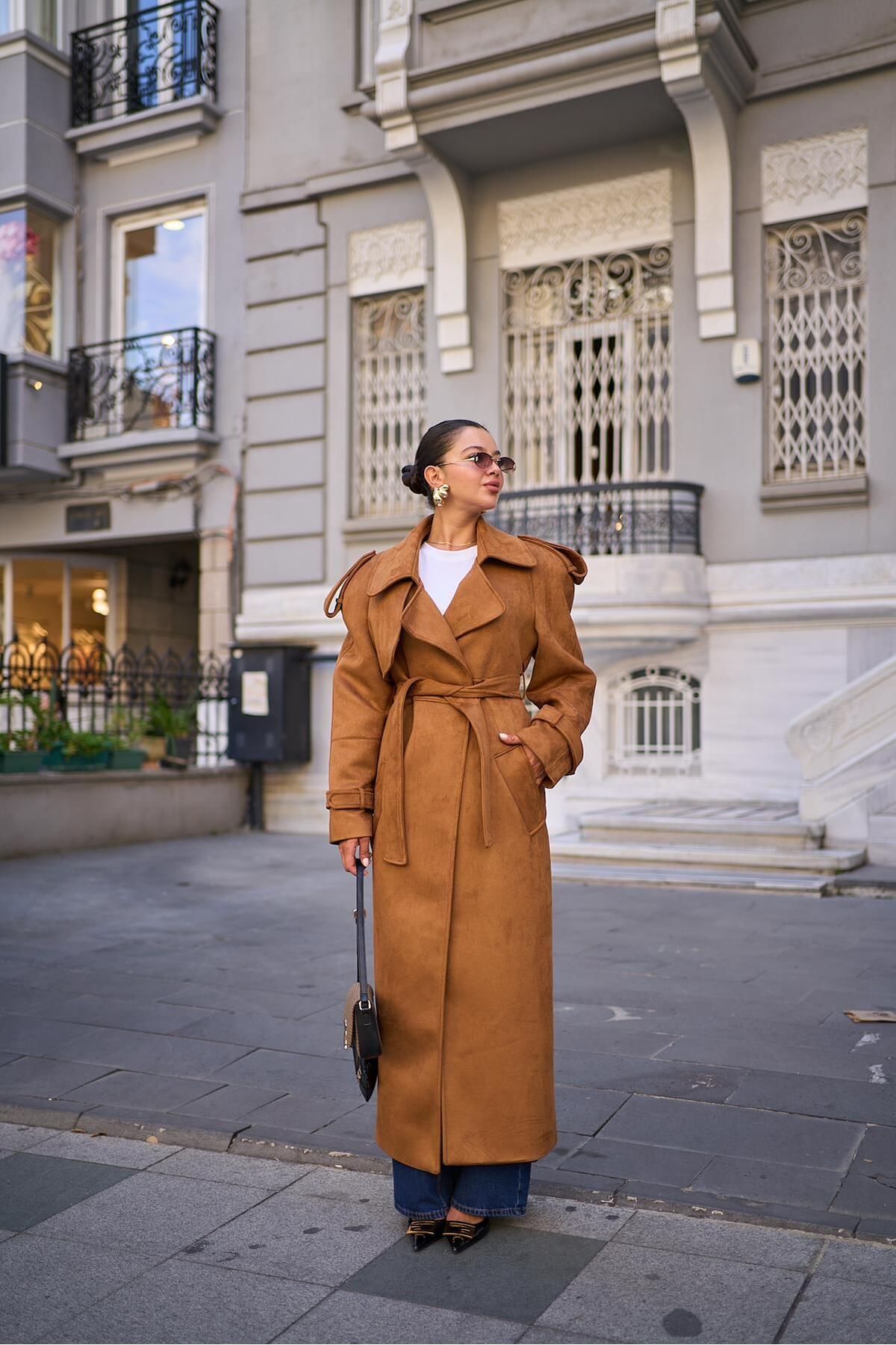 Askı Nişantaşı-Σχέδιο Suede Trench Coat - Tan Belted 2