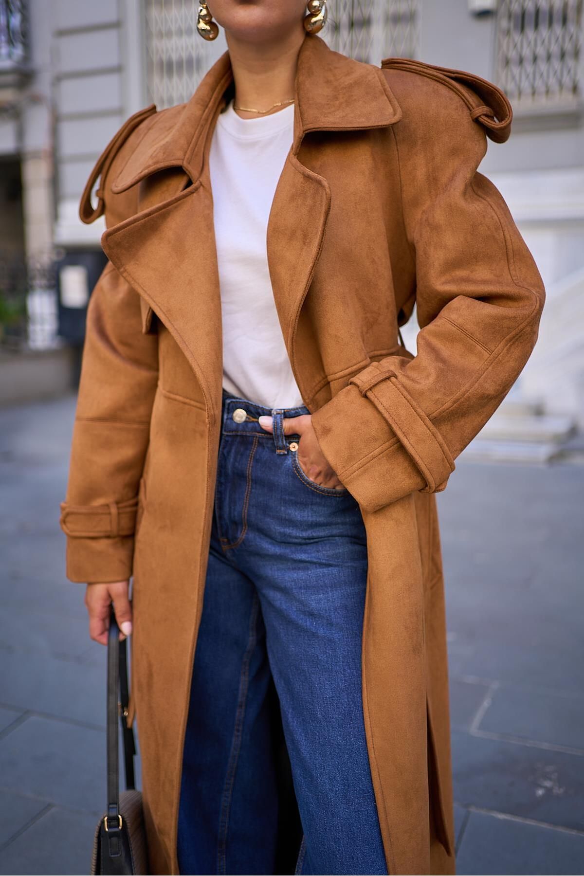 Askı Nişantaşı-Σχέδιο Suede Trench Coat - Tan Belted 4