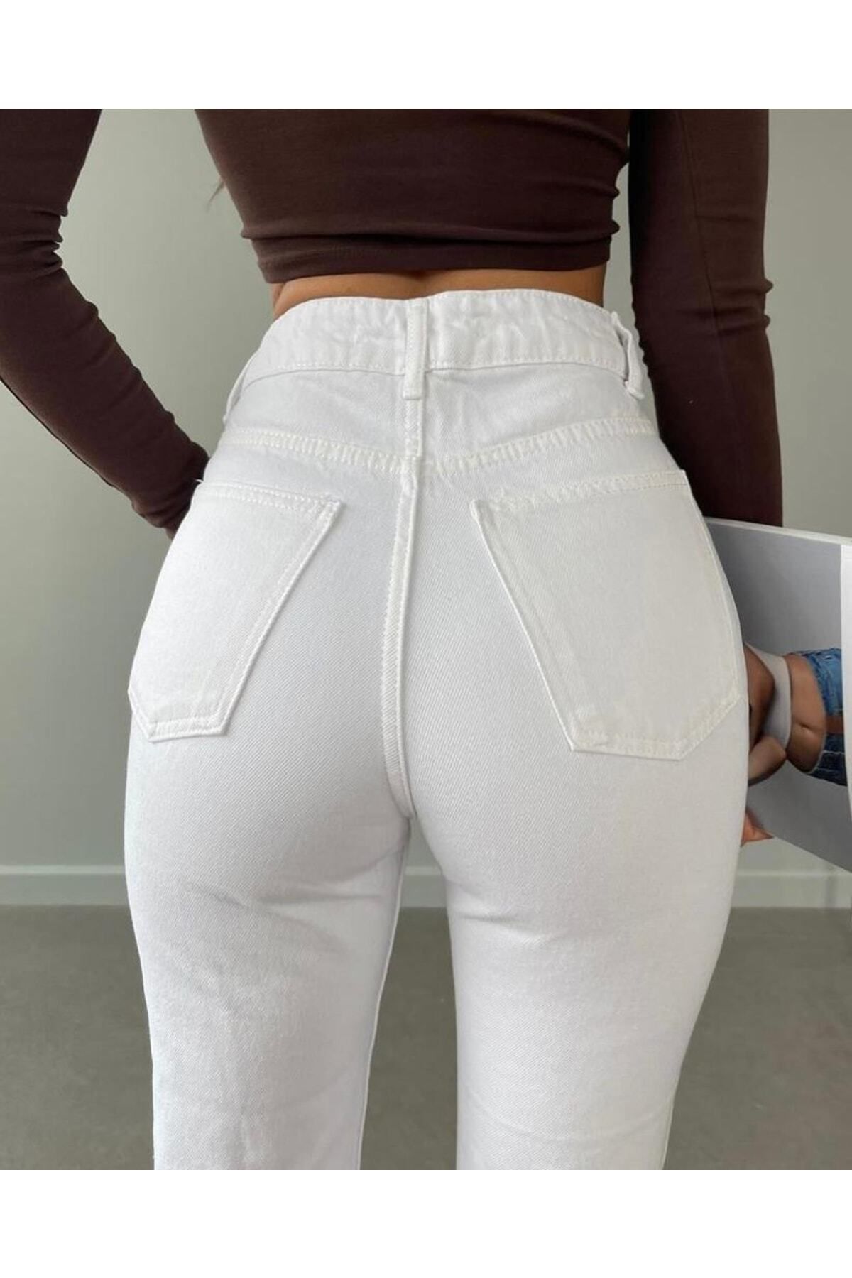 LAMİRA-Mom Jean Lycra White High Waist Jeans (DOES NOT SHOW UNDERWEAR) 5