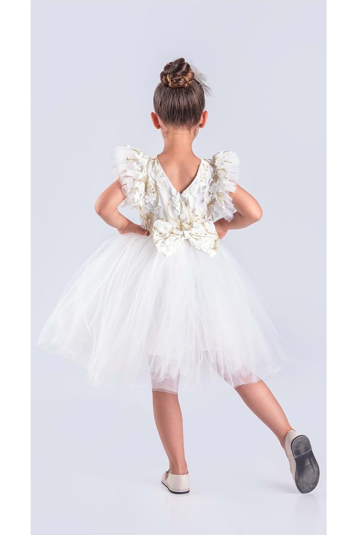 Mnk Baby&Kids Kız Çocuk Nakışlı Tütü Etek Elbise MNK0578 EKRU fotoğrafı 3 (önizleme)