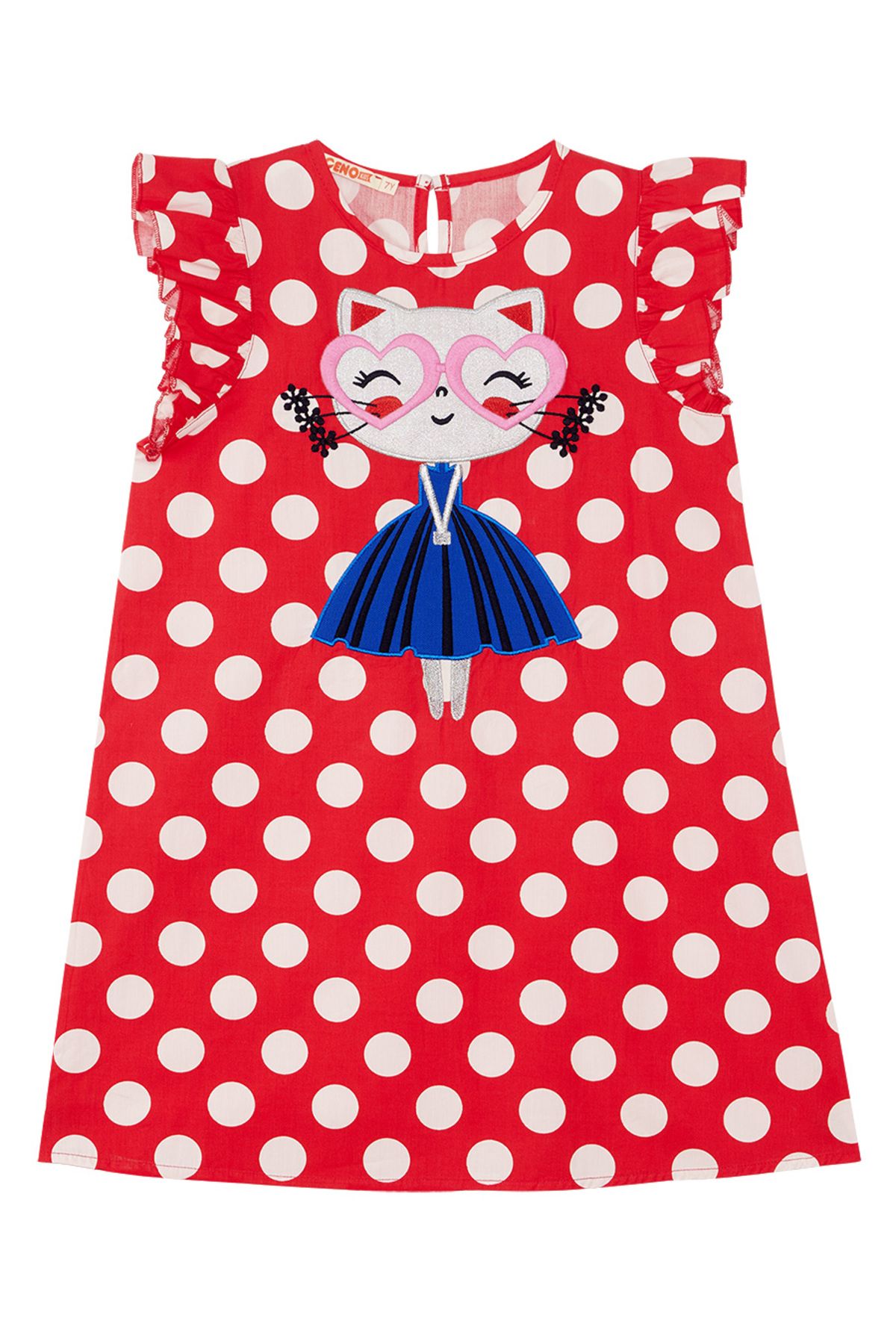 Denokids-Sommerkleid mit Katzen-Punktmuster für Mädchen - rote Popeline 3