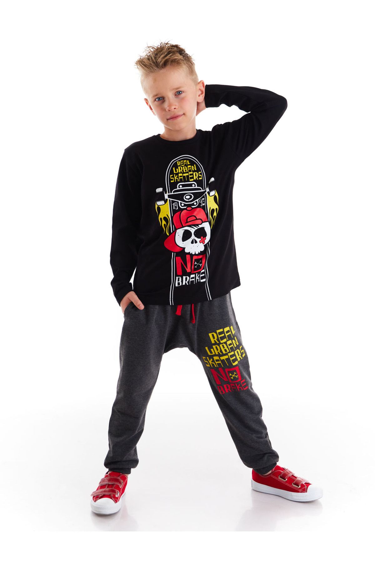 MSHB&G-Set pantaloni tricou negru pentru băiat cu skateboard 1