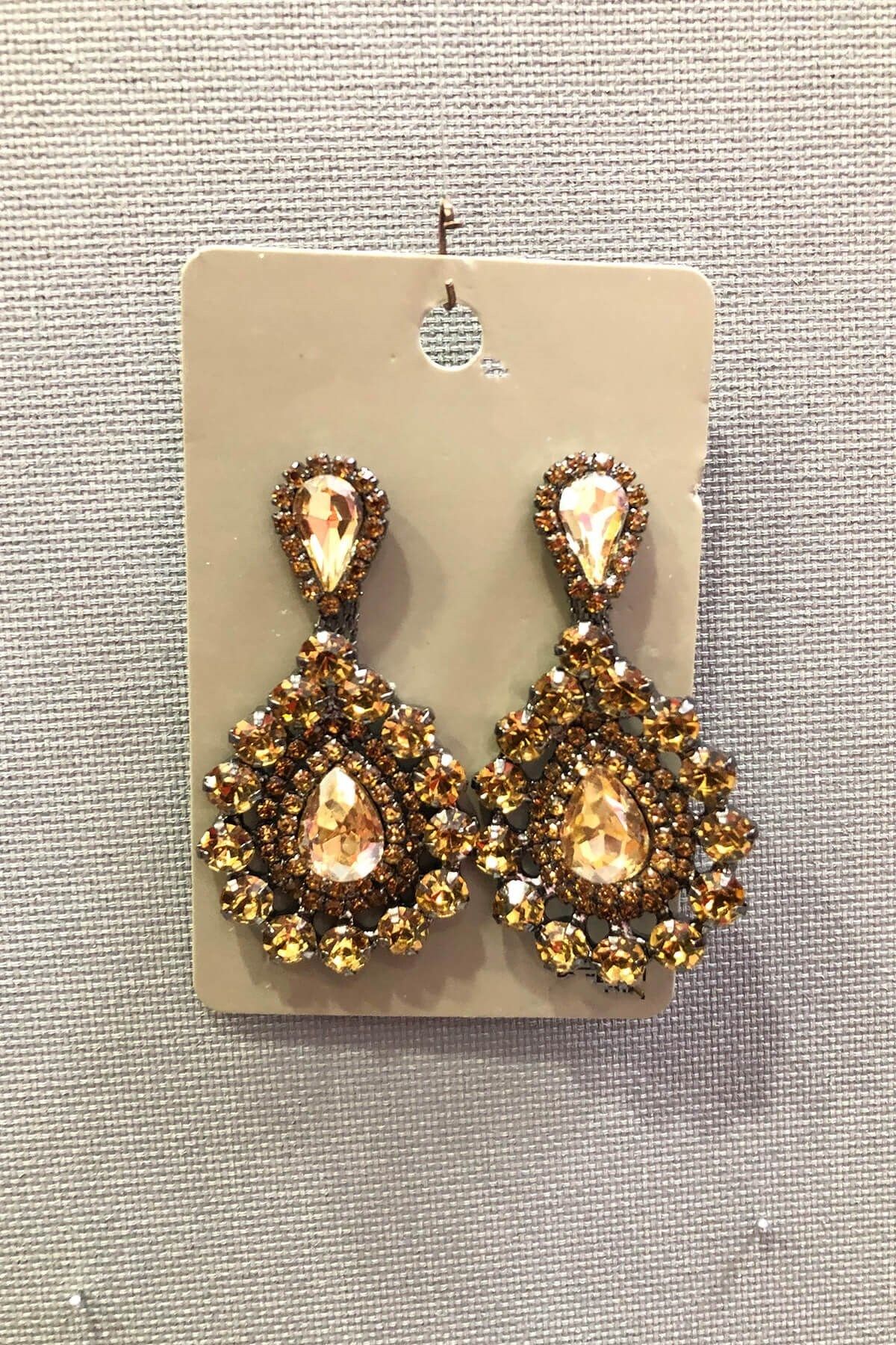 Hayalperest boncuk-Honey Color Crystal Jewelled Oval Earrings 1