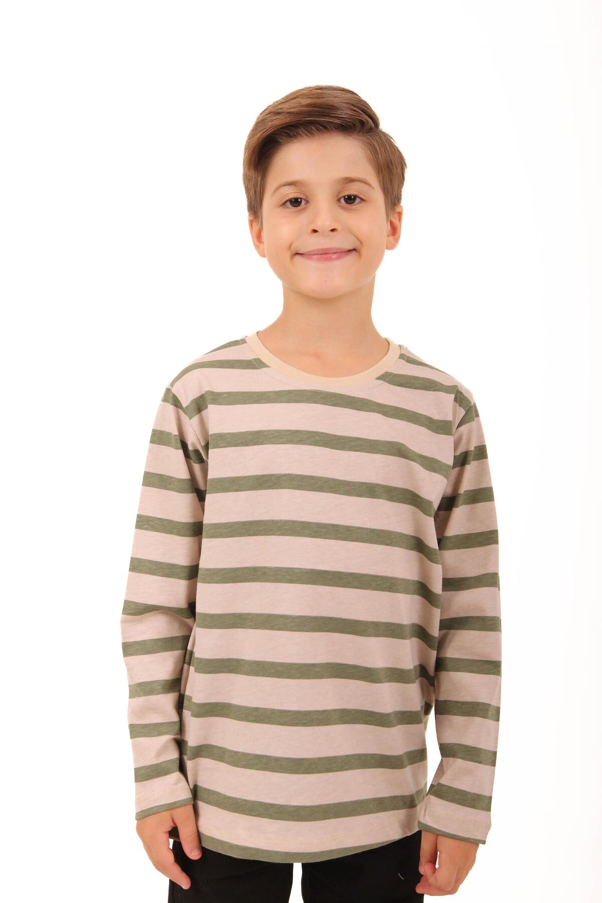 Perendi 2'li Bisiklet Yaka Uzun Kollu Çizgili Ve Düz Unisex Çocuk Tshirt Haki Bej-bej fotoğrafı 5 (önizleme)