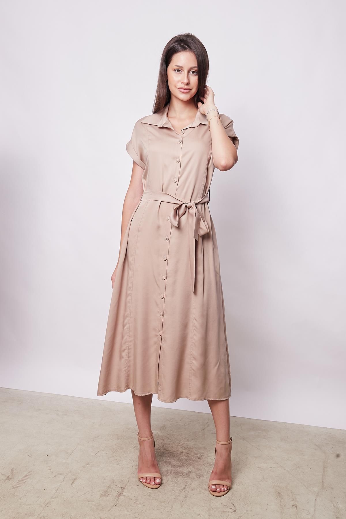 Jument-Rochie midi 100% iocell, lungime ceai, cu umăr dezactivat, mâneci duble și șireturi - Decolteu elegant din material textil-Came 3