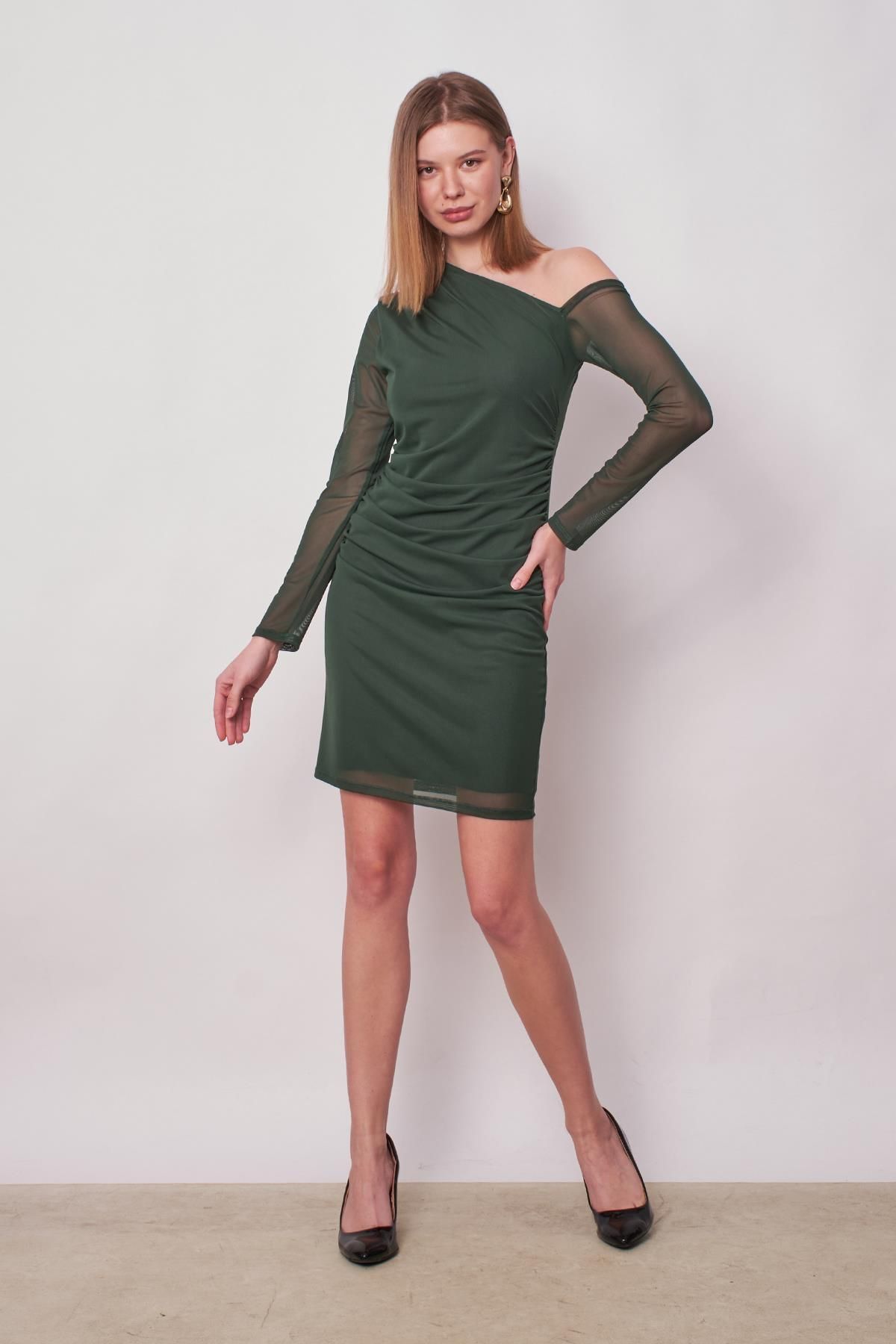 Jument-Rochie de seară cu mânecă lungă, cu mânecă lungă, cu un singur umăr, din tul din lycra, rochie de logodnă-verde închis 2