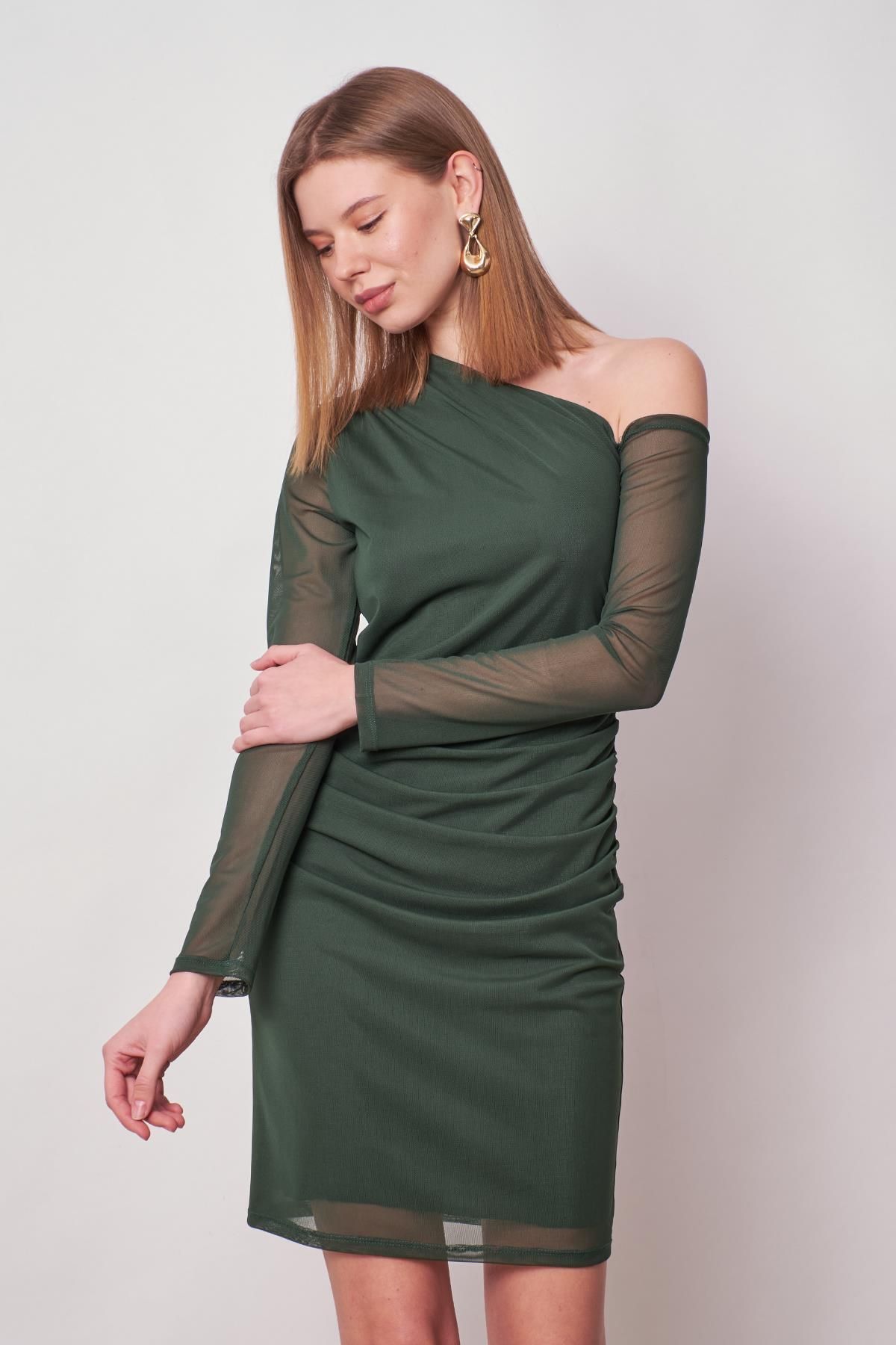 Jument-Rochie de seară cu mânecă lungă, cu mânecă lungă, cu un singur umăr, din tul din lycra, rochie de logodnă-verde închis 3