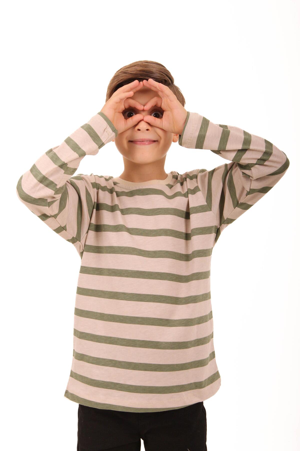 Perendi 2'li Bisiklet Yaka Uzun Kollu Çizgili Ve Düz Unisex Çocuk Tshirt Haki Bej-bej fotoğrafı 3 (önizleme)