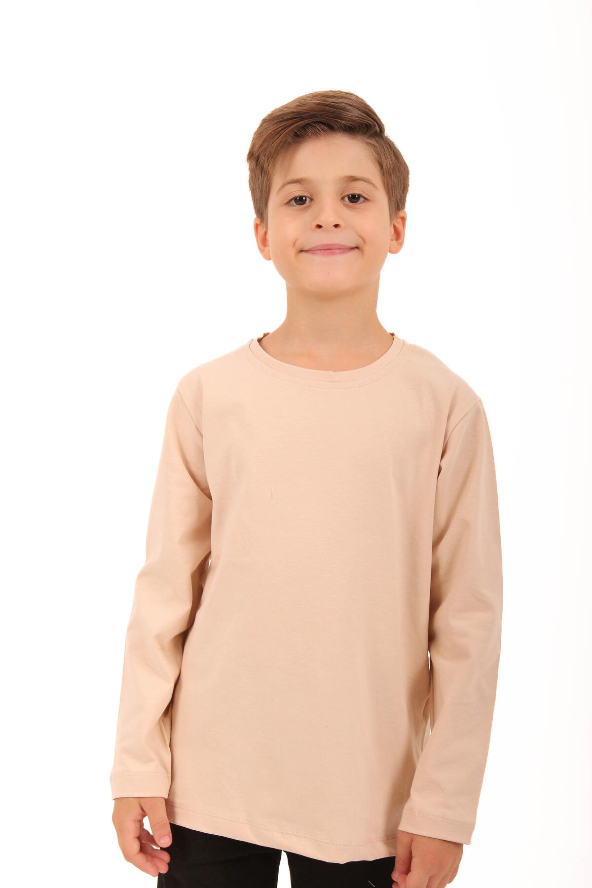 Perendi 2'li Bisiklet Yaka Uzun Kollu Çizgili Ve Düz Unisex Çocuk Tshirt Haki Bej-bej fotoğrafı 6 (önizleme)