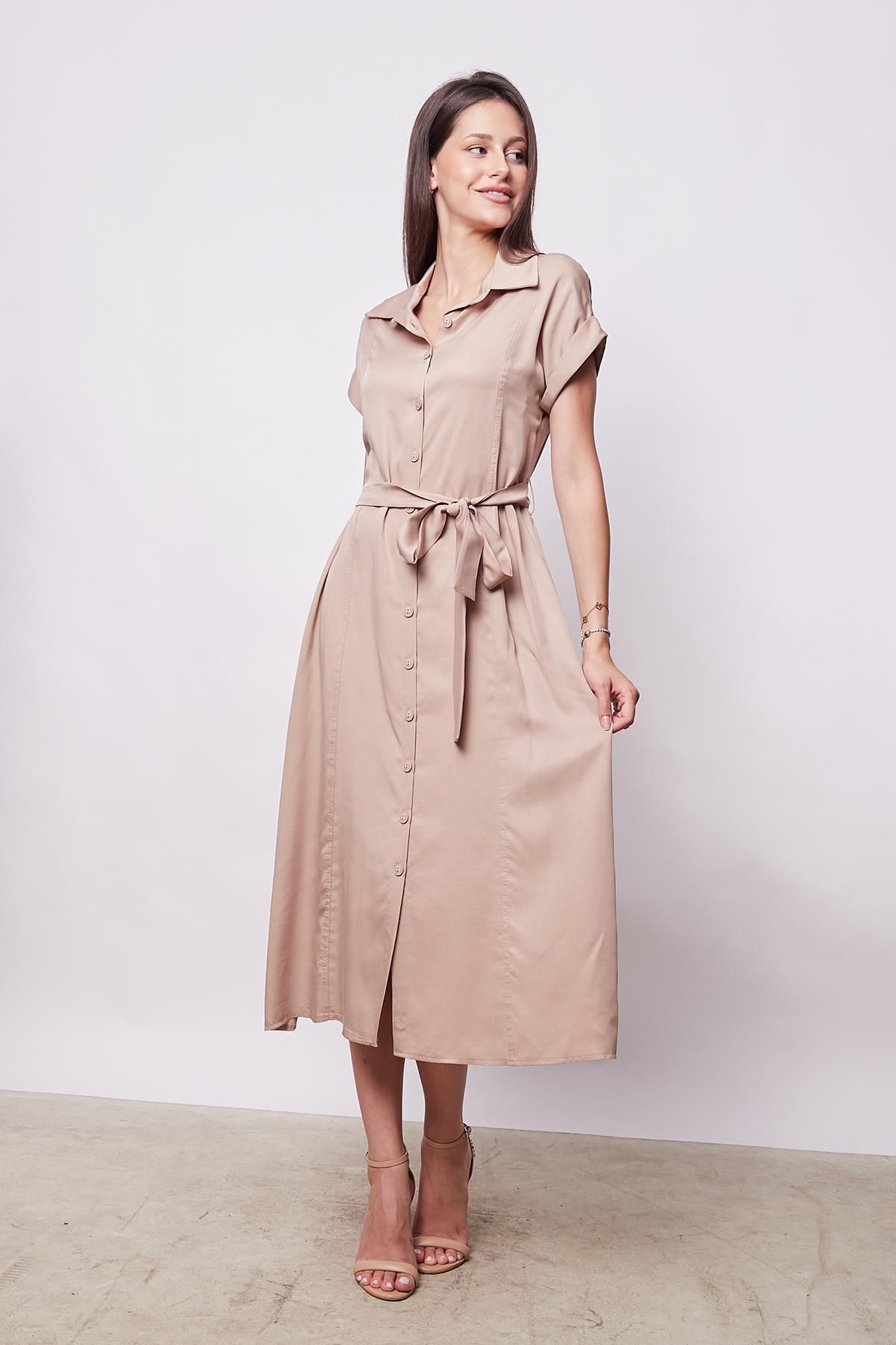 Jument-Rochie midi 100% iocell, lungime ceai, cu umăr dezactivat, mâneci duble și șireturi - Decolteu elegant din material textil-Came 2