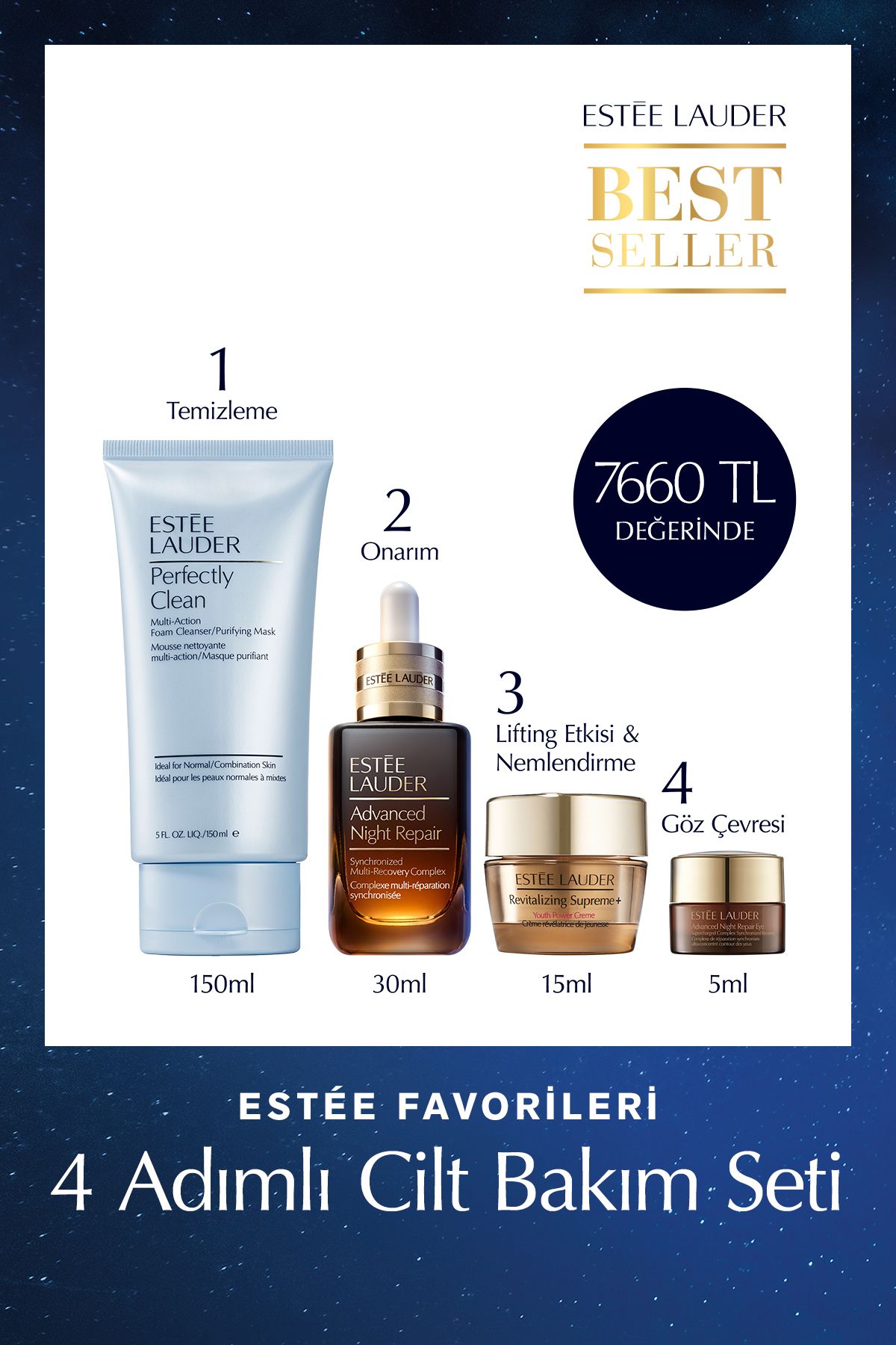 Estee Lauder 4 Adımlı Cilt Bakım Tanışma Seti - Serum 30ml, Krem 5ml, Göz Kremi 5ml, Losyon 50ml, Hyalüronik Asit