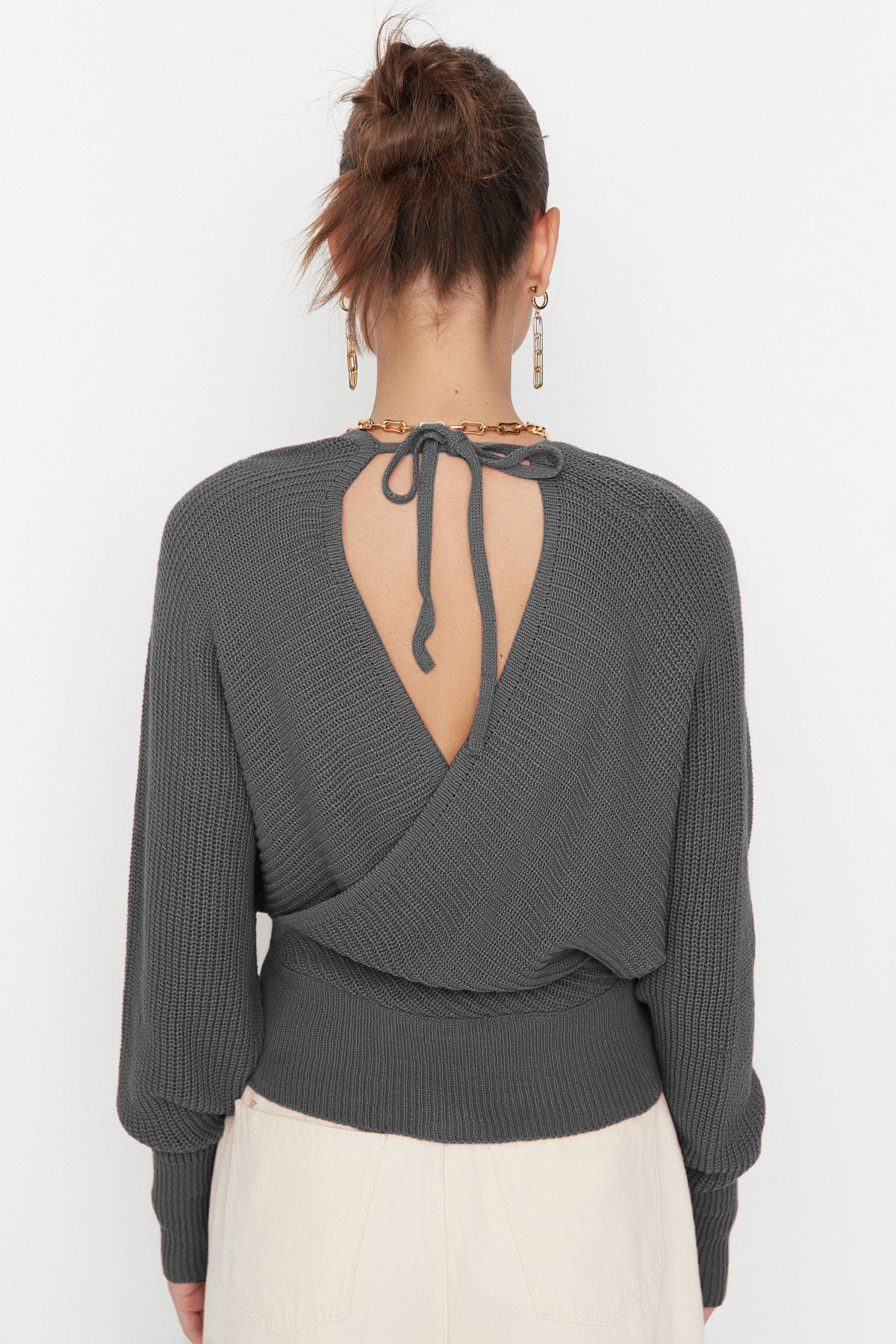 Trendyolmilla  Antrasit Kruvaze Triko Kazak TWOAW21KZ1277 - Görsel 5