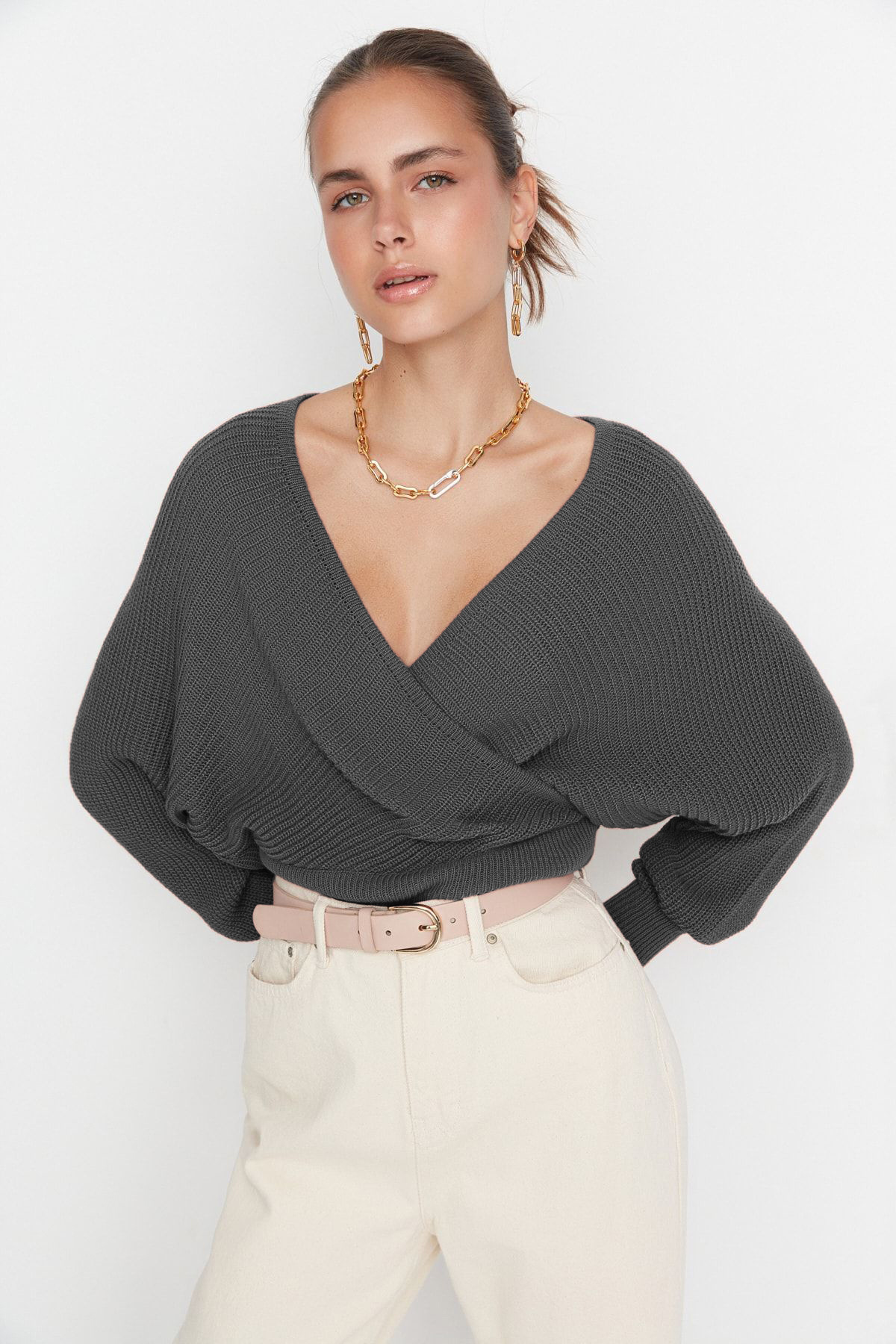 Trendyolmilla  Antrasit Kruvaze Triko Kazak TWOAW21KZ1277 - Görsel 2