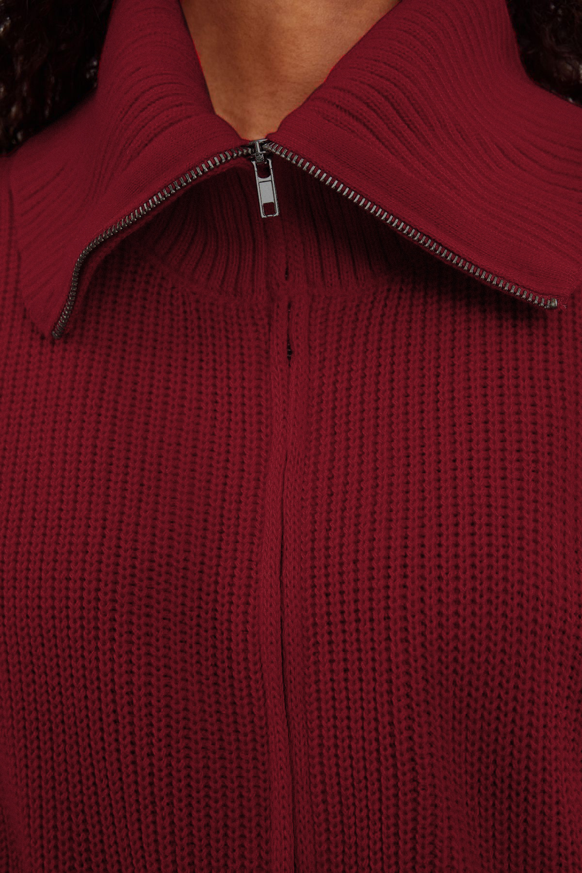 Trendyol Collection Czerwony kardigan z dzianiny z kołnierzykiem typu „kołnierz w kolorze claret” i zamkiem błyskawicznym, szeroki krój - Twoaw24Hi00072