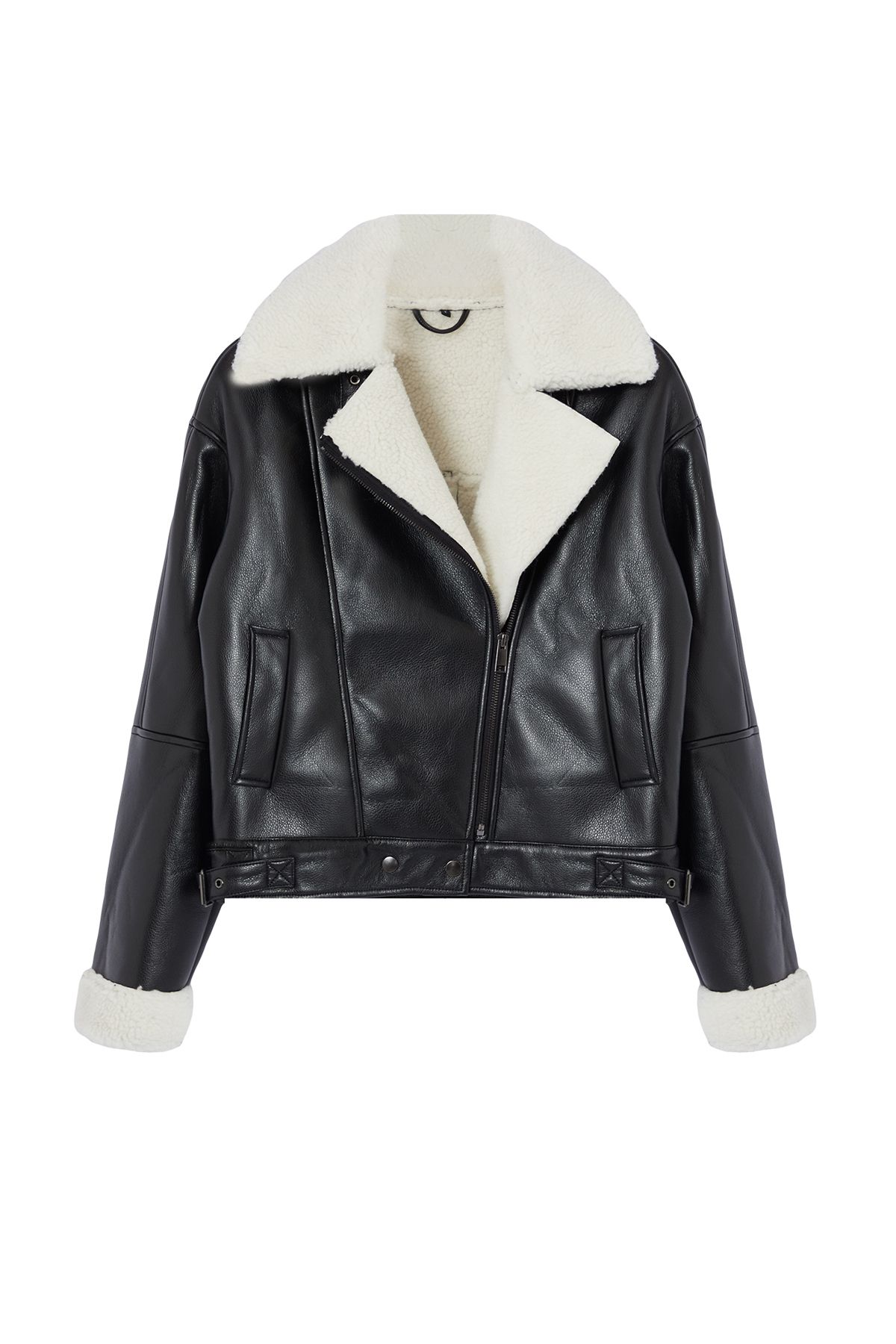 Trendyol Collection Oversize Faux Leather Biker Jacket Plush Detailed Black Twoaw25Mo00001 Trendyol