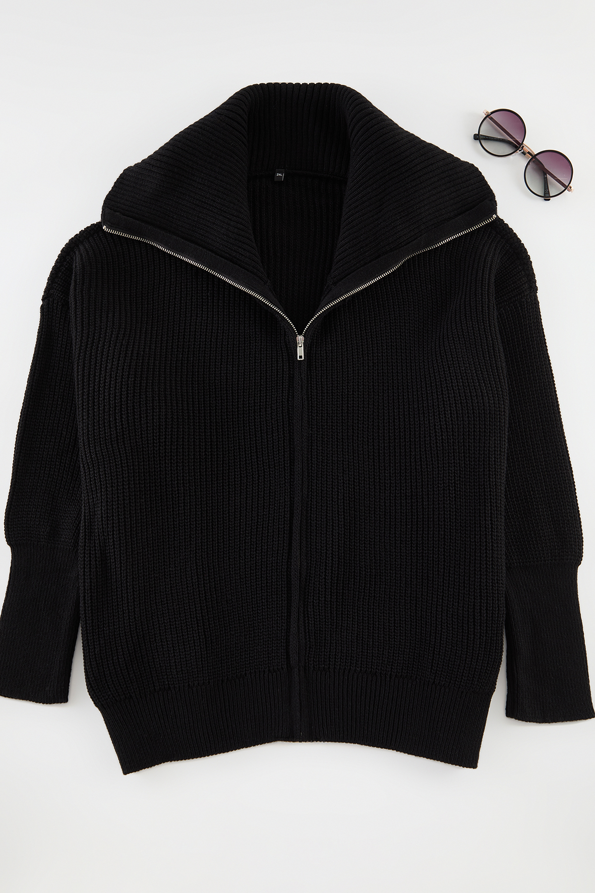 Trendyolmilla  Siyah Devrik Yaka Fermuarlı Triko Hırka TBBAW25AV00009 - Görsel 14