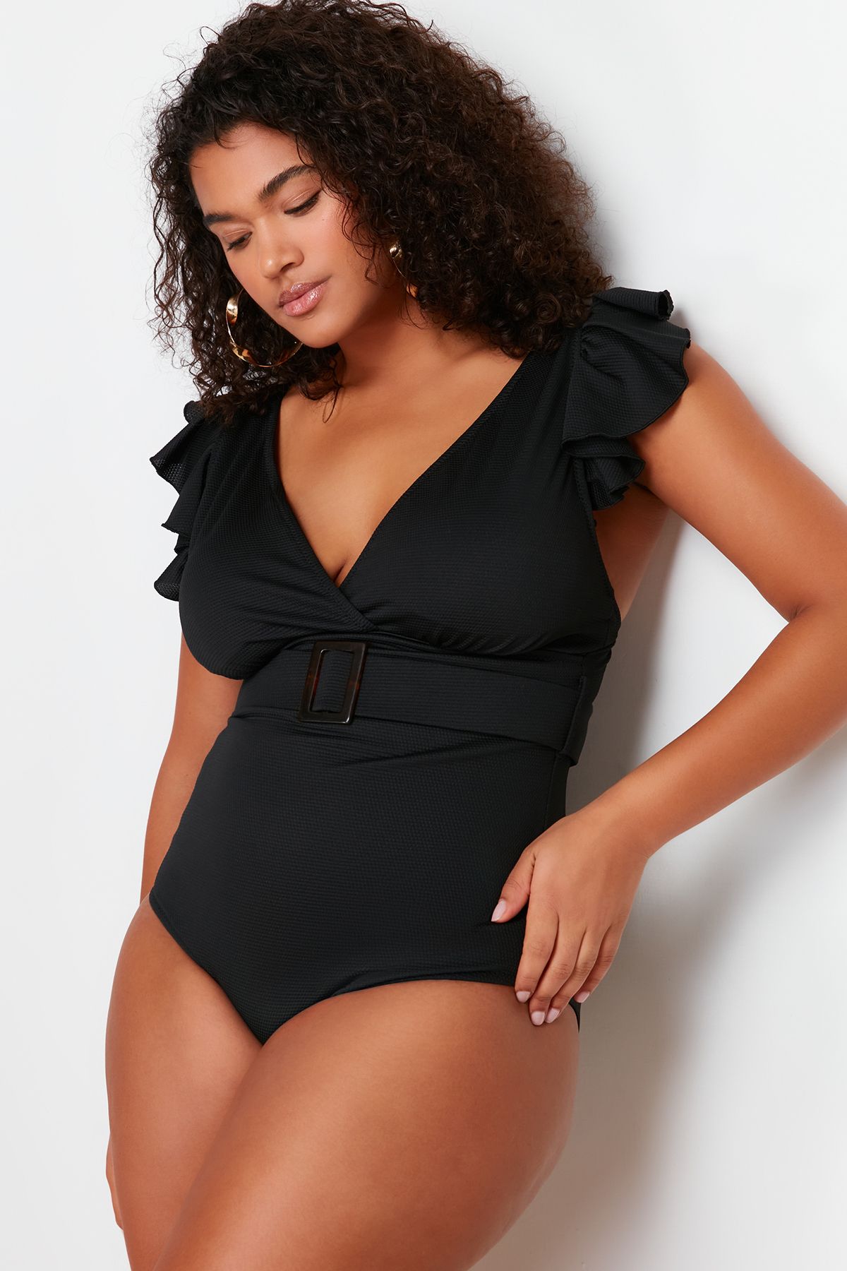 Trendyol Curve-Black Deep V Belted Knitted Plus Size Swimsuit with Recovery Effect Tbbss24Am00015 3
