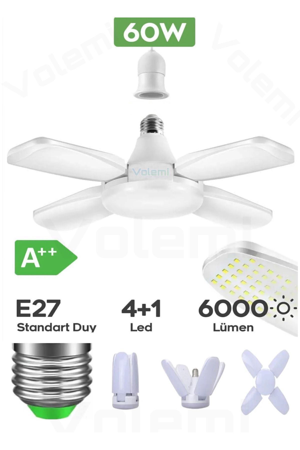 60 Watt 6000 Lumen 4 Kollu Katlanır Ampul 4 1 Kanatlı Katlanabilir Enerji Tasarruflu Led Ampul.