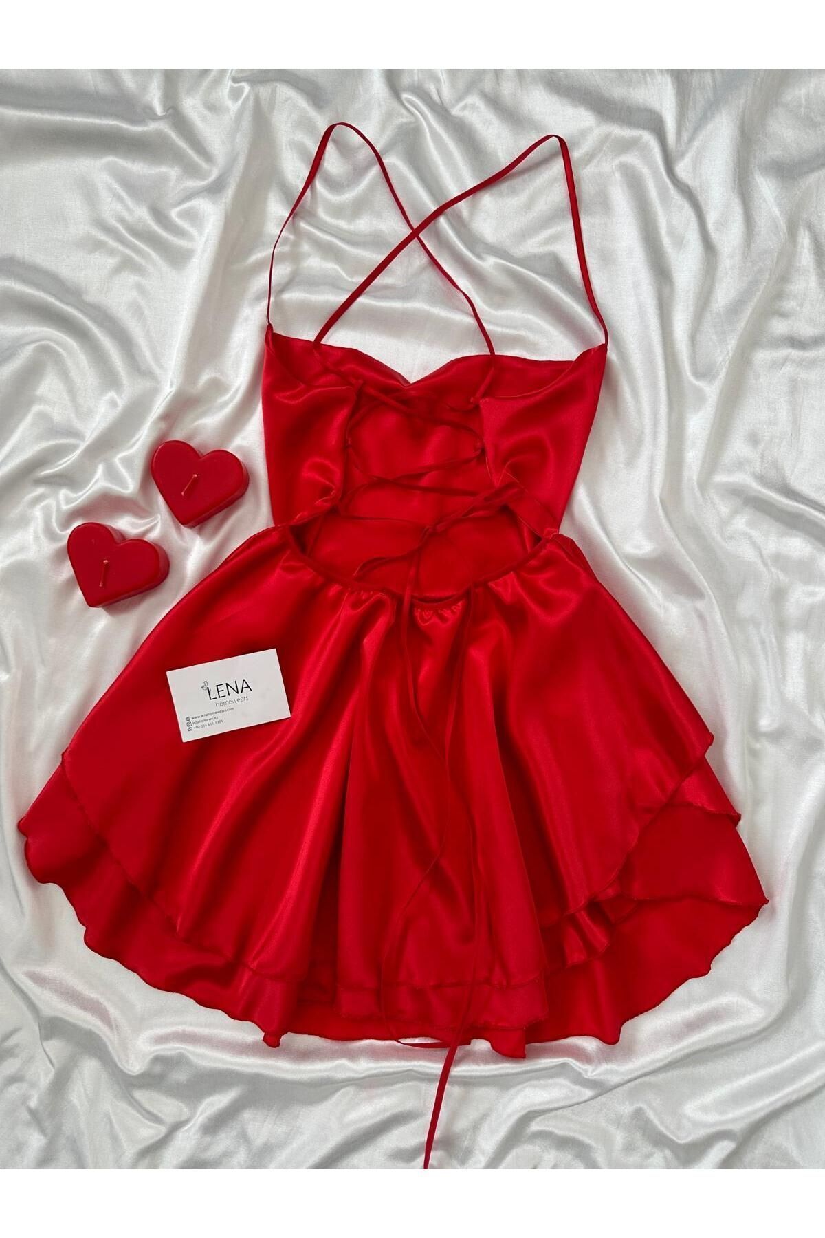 Lena Homewears Kadın Vola İki Katlı Saten Bağlama Detaylı Gecelik