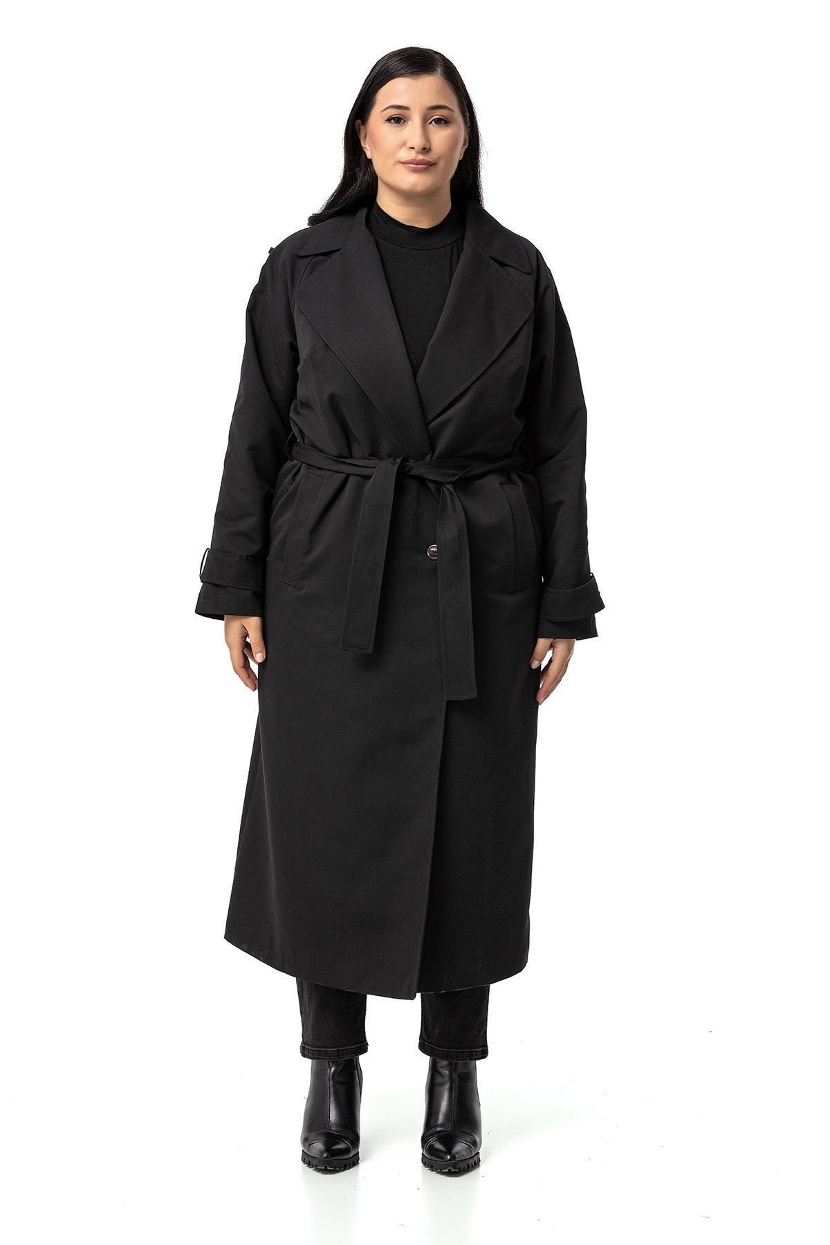 DISENTIS MODEST-Plus Size Black Long Trench Coat - Mono Collar, Double Breasted Closure and Lined 2