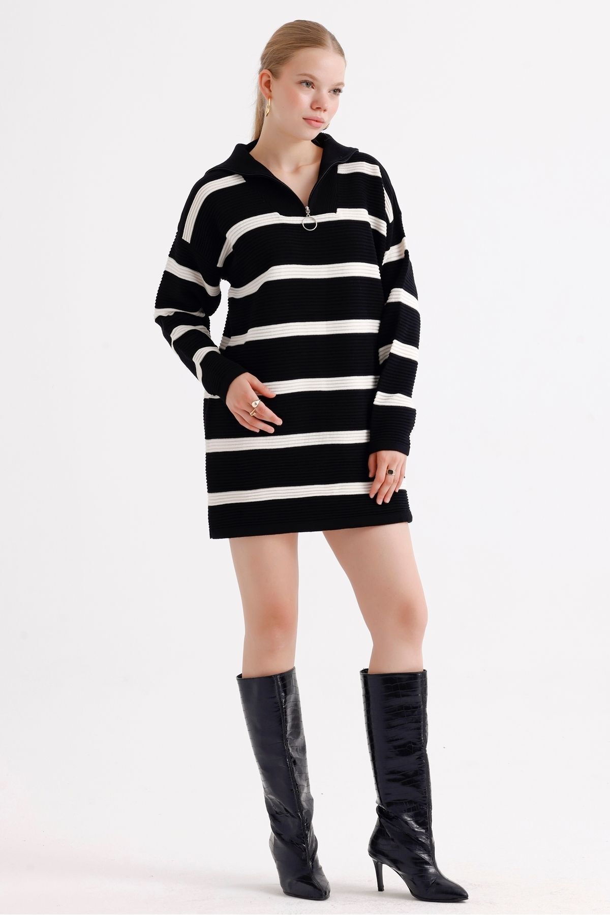 MD trend-Patterned Oversize Striped Knitwear Tunic - Zippered Collar Women's Dress 4