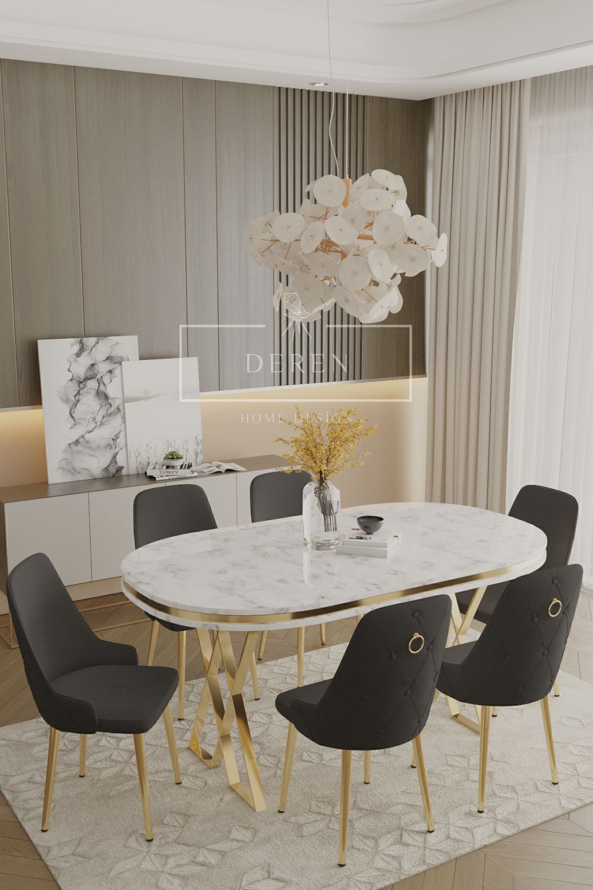 Nil Series Lacquer Panel Mdf White Marble Pattern Table 90x168 Gold Foot Table Set 6 Black Chairs