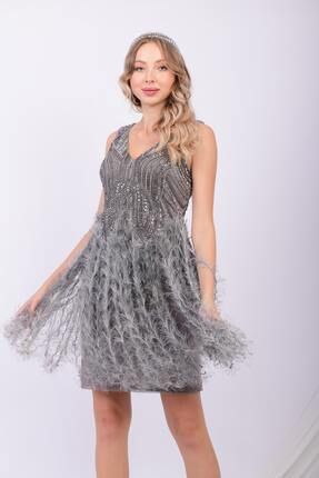 GATSBYLADY LONDON POENA - EL İŞLEMELİ , TAŞEL DETAYLI TÜYLÜ ELBİSE