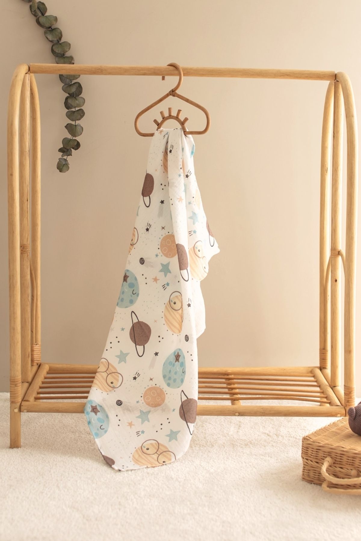 %100 Organik Pamuk Müslin Bebek Örtüsü - Uzay Baskılı 90x100 cm Çok Amaçlı Müslin Örtü