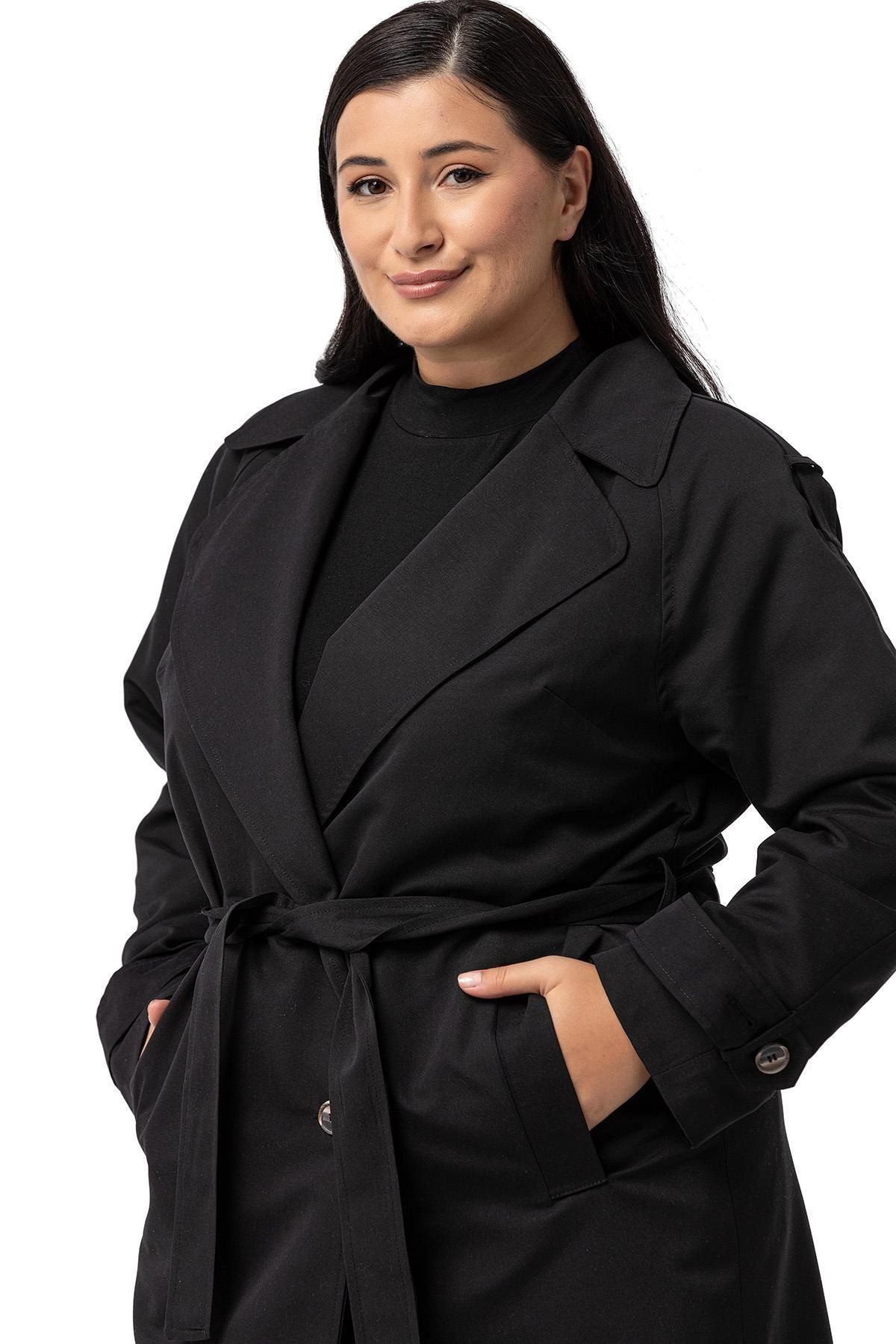 DISENTIS MODEST-Plus Size Black Long Trench Coat - Mono Collar, Double Breasted Closure and Lined 4