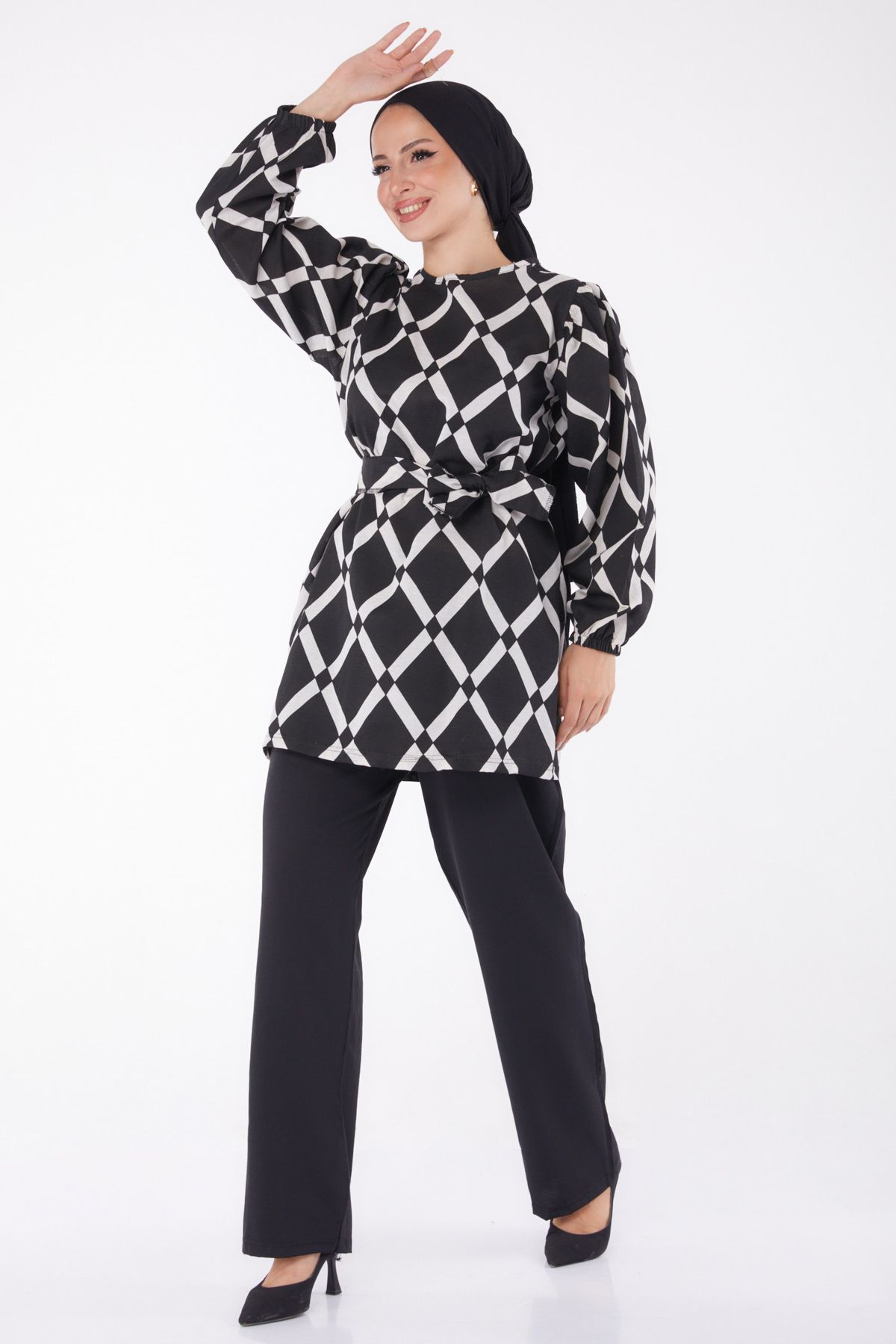 TOFİSA-Ecru Patterned Women's Double Suit - Plain Crew Neck - 13245 3