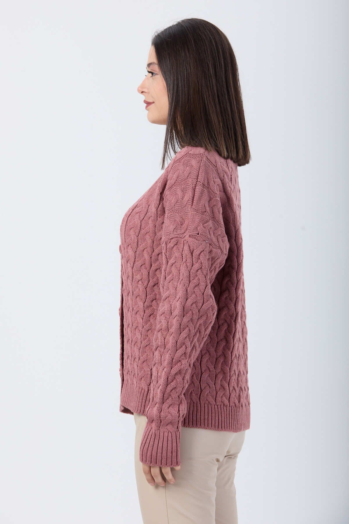 TOFİSA-Pink Knitwear Women's Cardigan - Plain Jacket Collar - 24033 5