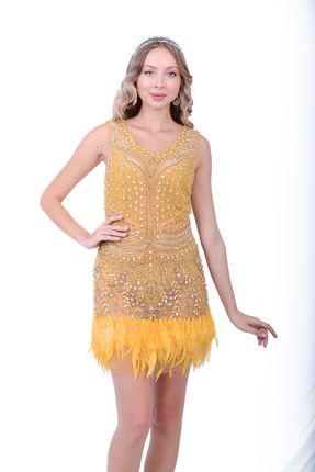 GATSBYLADY LONDON FAUNA - EL İŞLEMELİ , TAŞEL DETAYLI TÜYLÜ ELBİSE