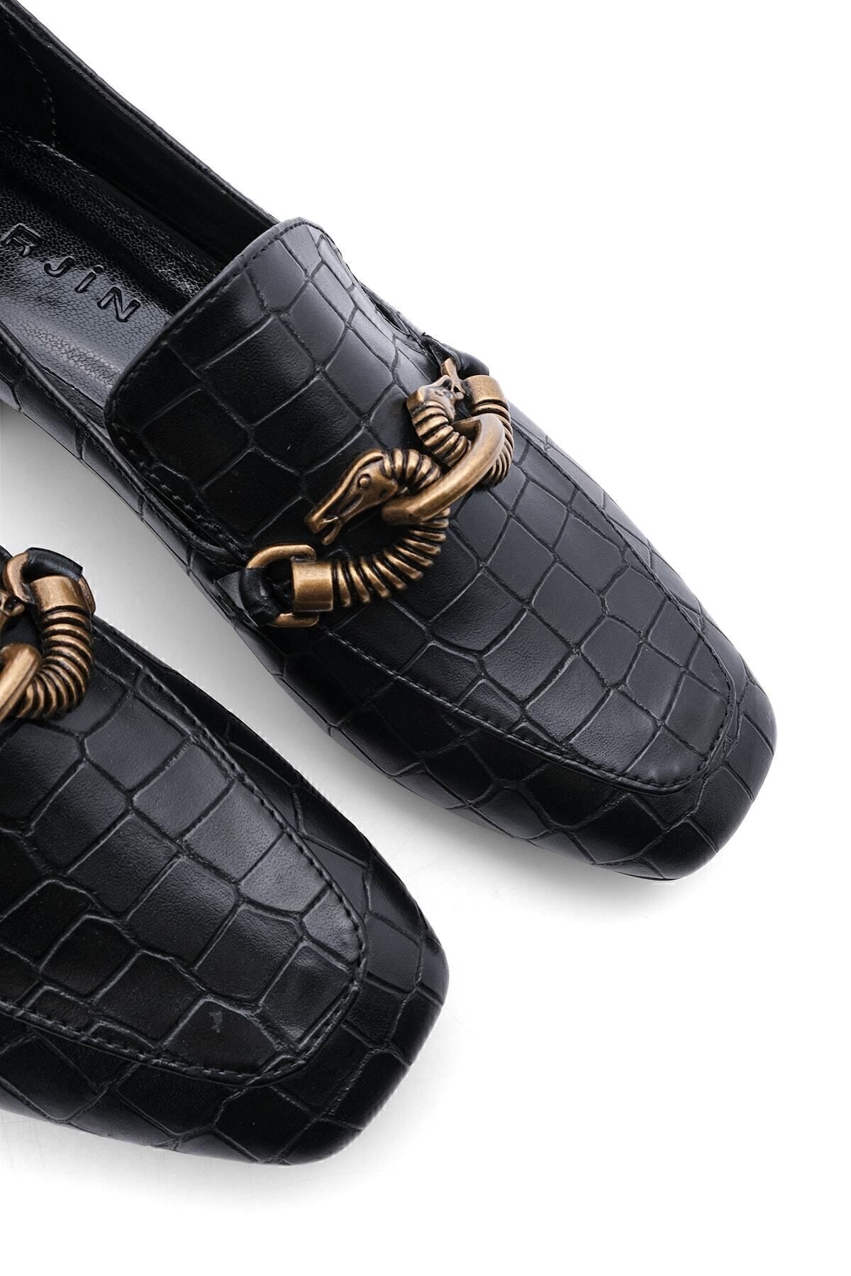 Kadın Loafer Zincir Aksesuarlı Makosen Günlük Ayakkabı Alva siyah Croco
