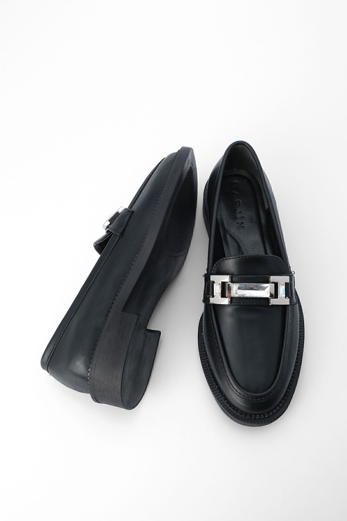 Marjin-Damen Loafer mit Schmucksteinen und Schnalle, Freizeitschuhe Hosre Schwarz 8