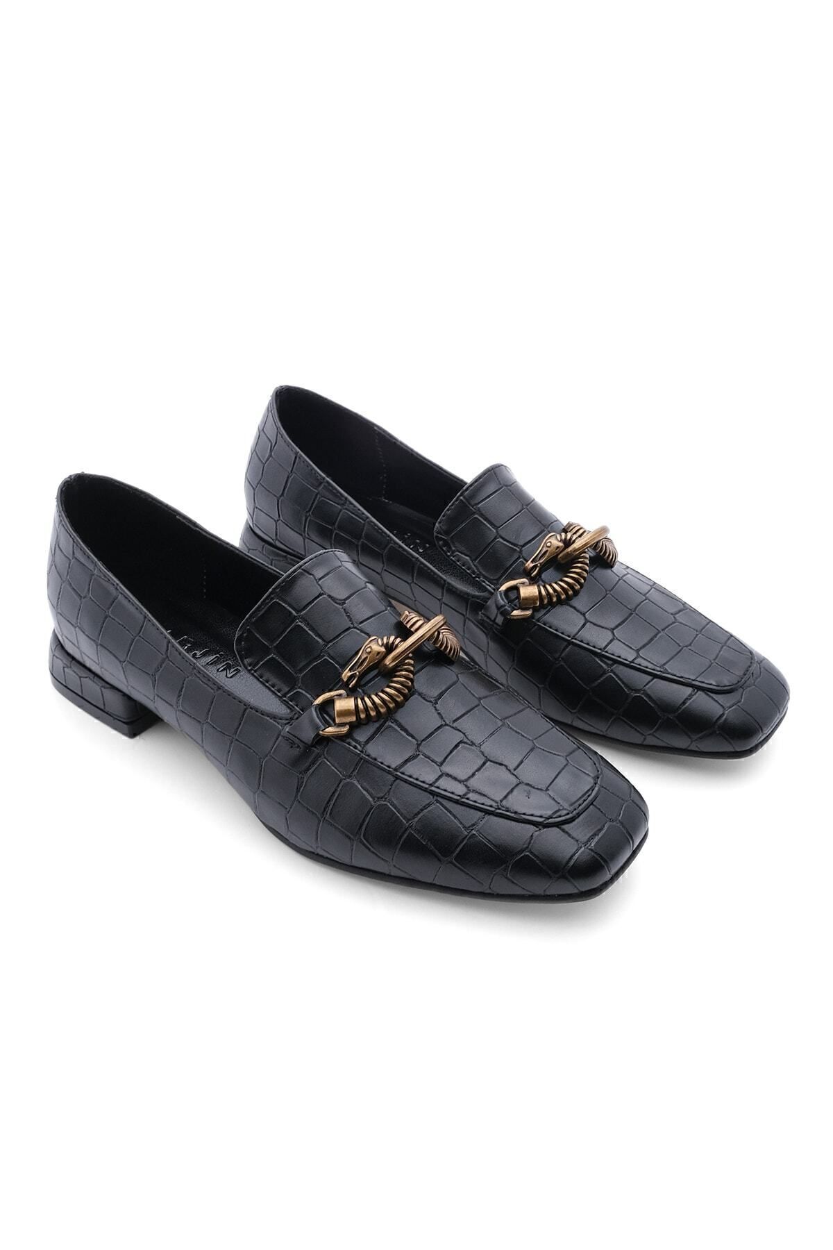 Kadın Loafer Zincir Aksesuarlı Makosen Günlük Ayakkabı Alva siyah Croco