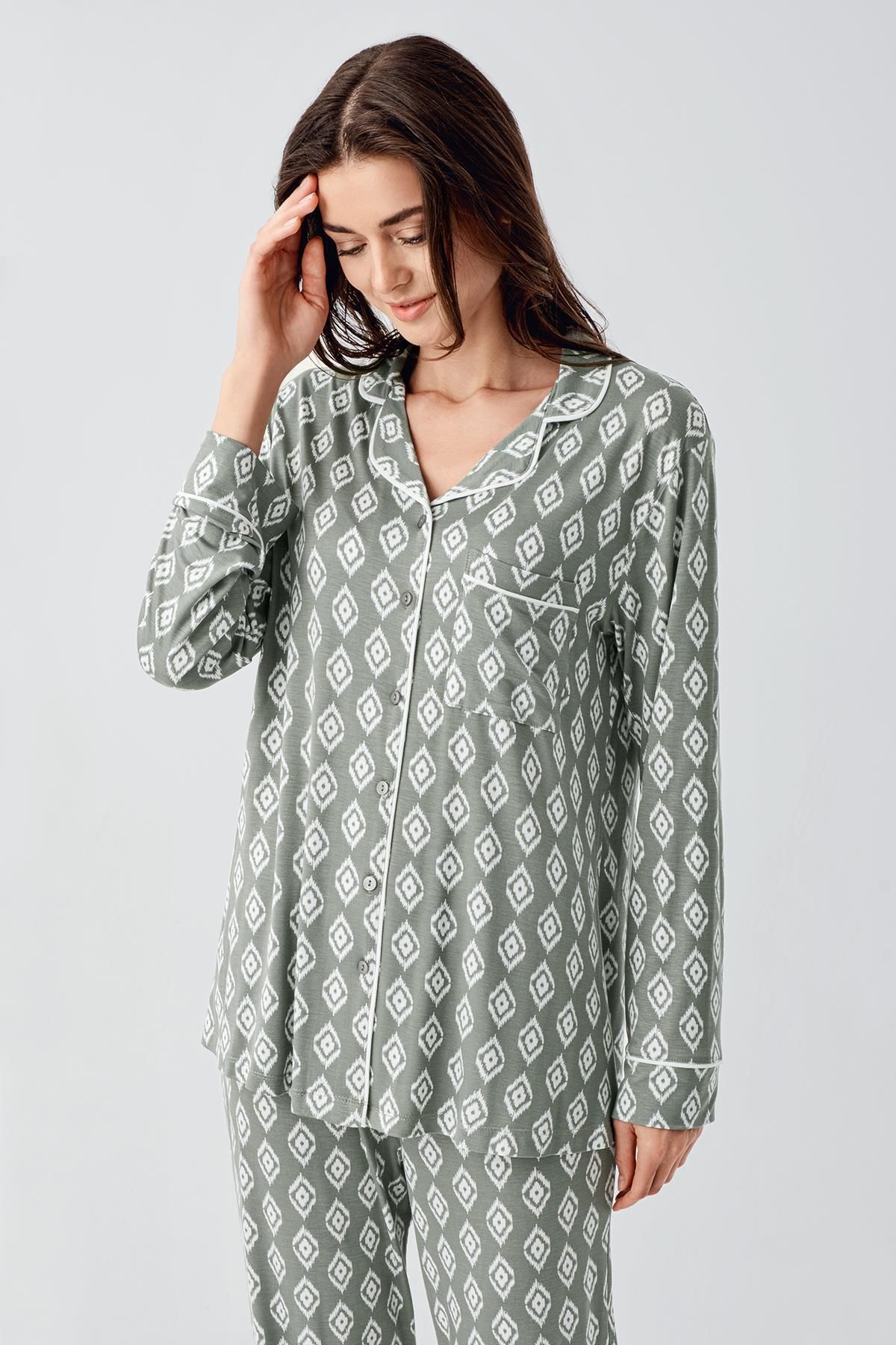 Artış-Flexible Lycra Viscous Pajama Set - Long Sleeve and Buttoned 4