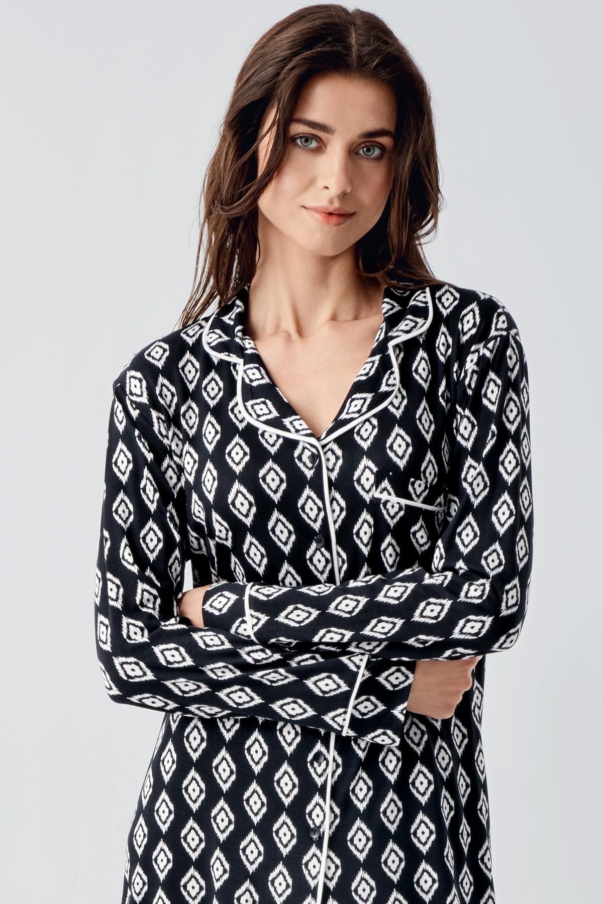 Artış-Flexible Lycra Viscous Pajama Set - Long Sleeve and Buttoned 3