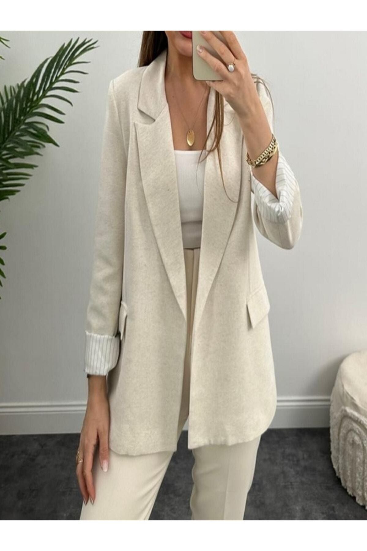 Fast Perry  Içi Marin Astarlı Naturel Keten Yumuşak Blazer Ceket - Görsel 2