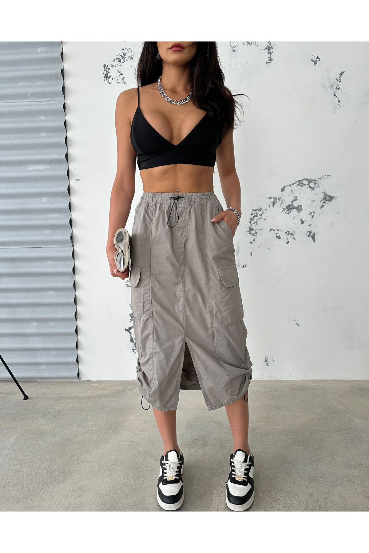 Zeo Basic-Parachute Fabric Midi Skirt Gray with Waist and Leg Elastic with Cargo Pockets 6