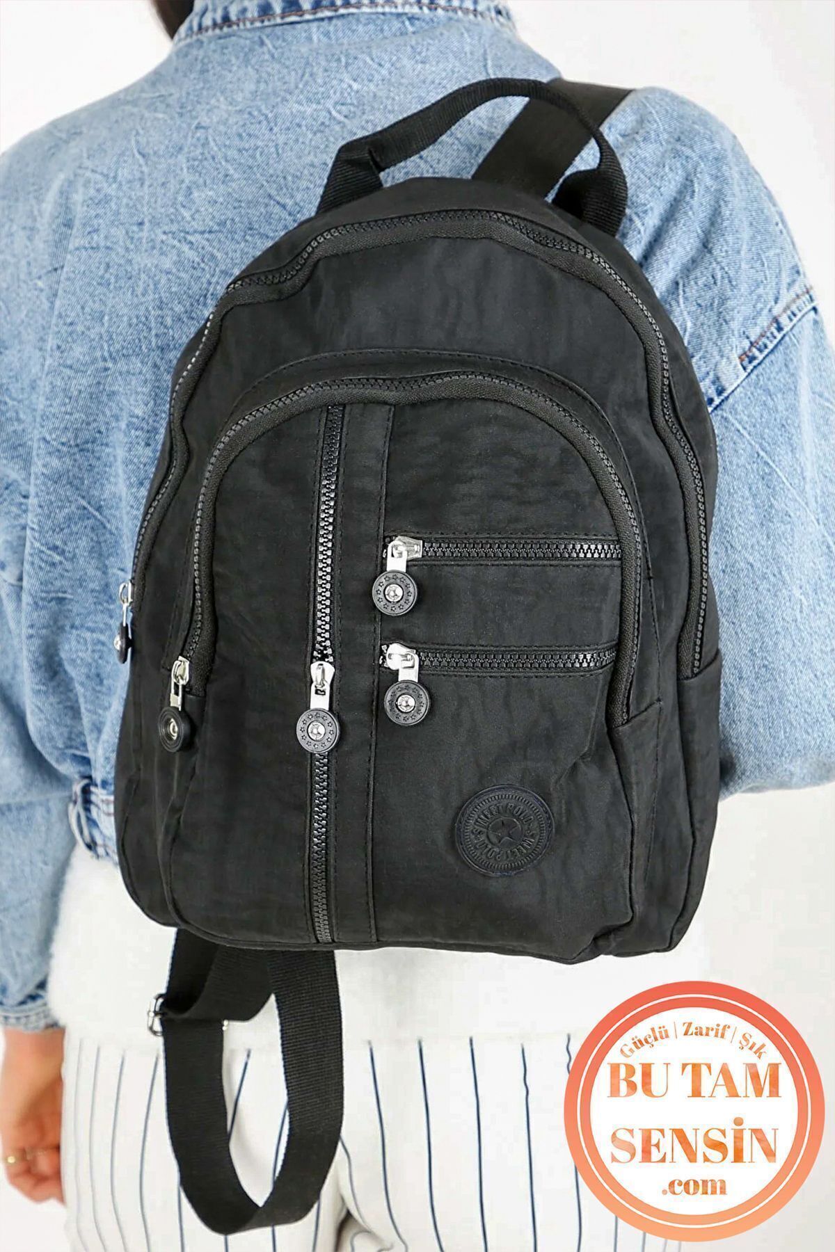 Bu Tam Sensin  Siyah Kadın Su Geçirmez Krinkıl Kumaşlı Fermuarlı 5 Bölmeli Tutma Saplı Orta Boy Sırt Çantası - Görsel 4